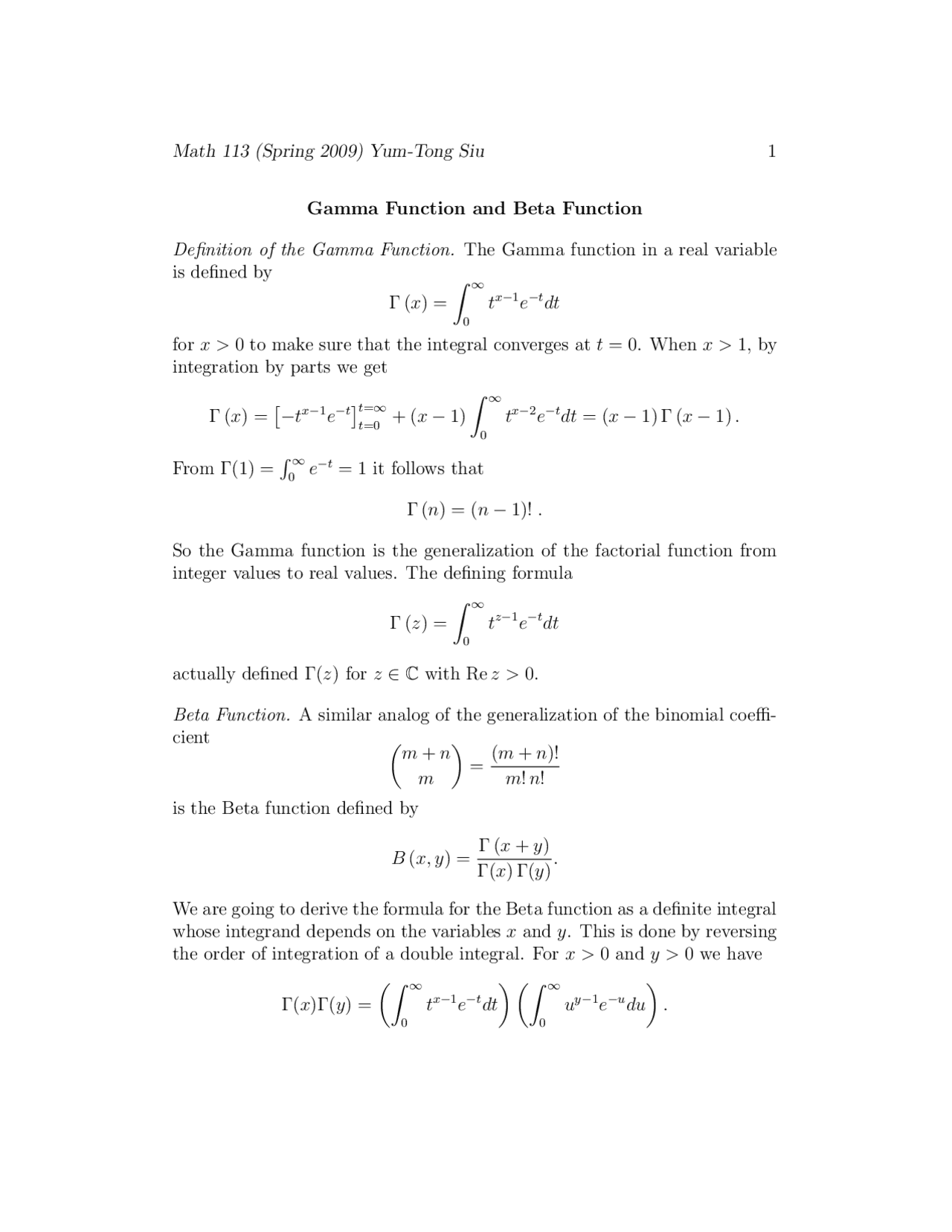 Gamma and Beta Function, Lecture Notes - Mathematics | Study notes ...