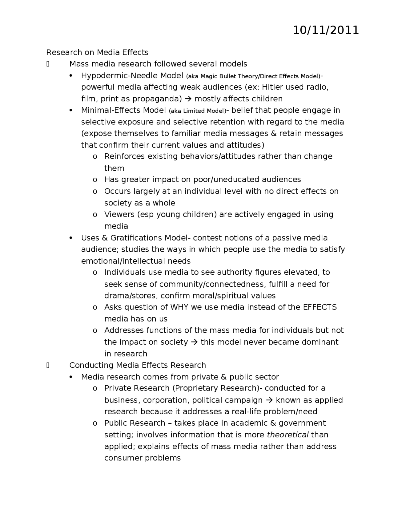 Research on Media Effects - Lecture Notes | COMM 101 - Docsity