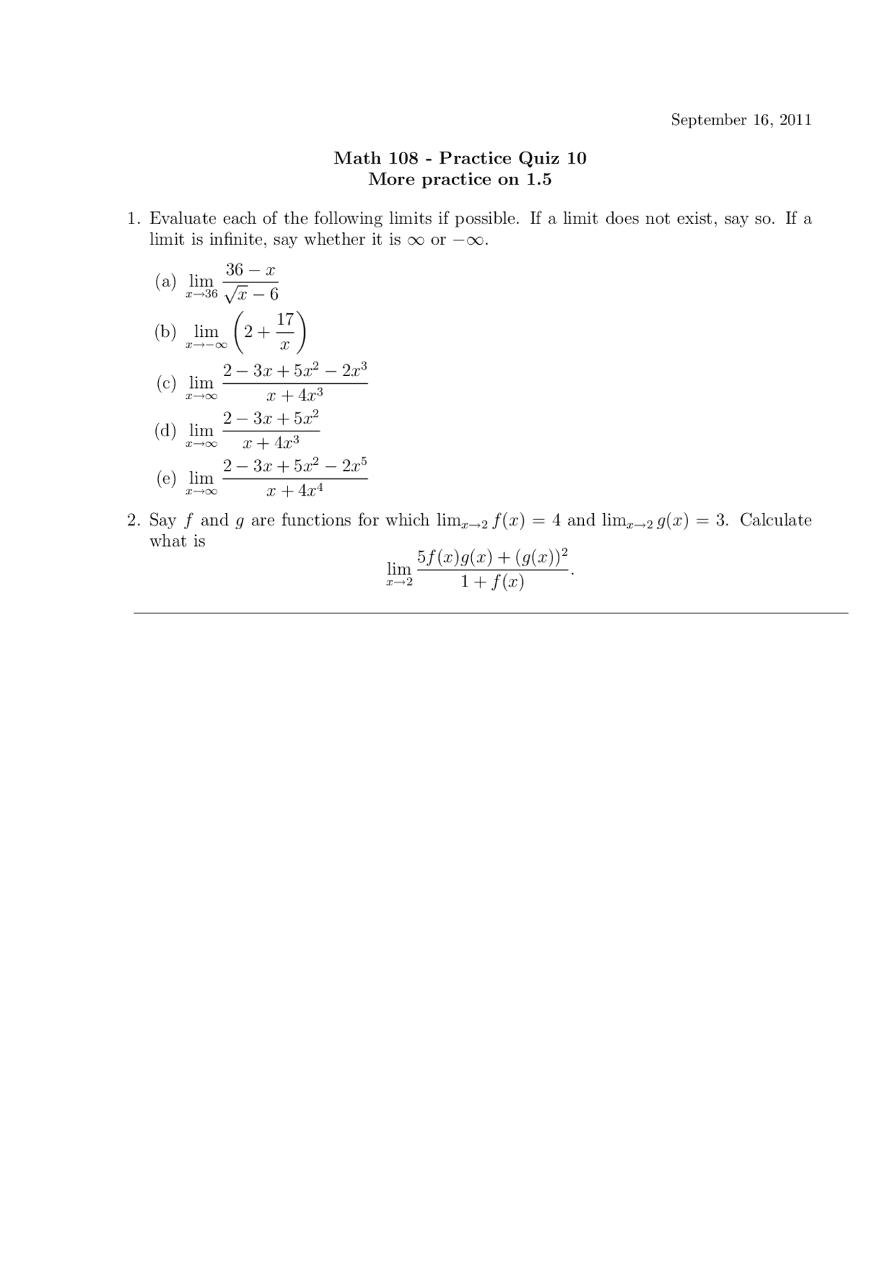 Introductory Calculus Example Questions Practice Quiz 10 - Introductory Calculus with Business Applications ...