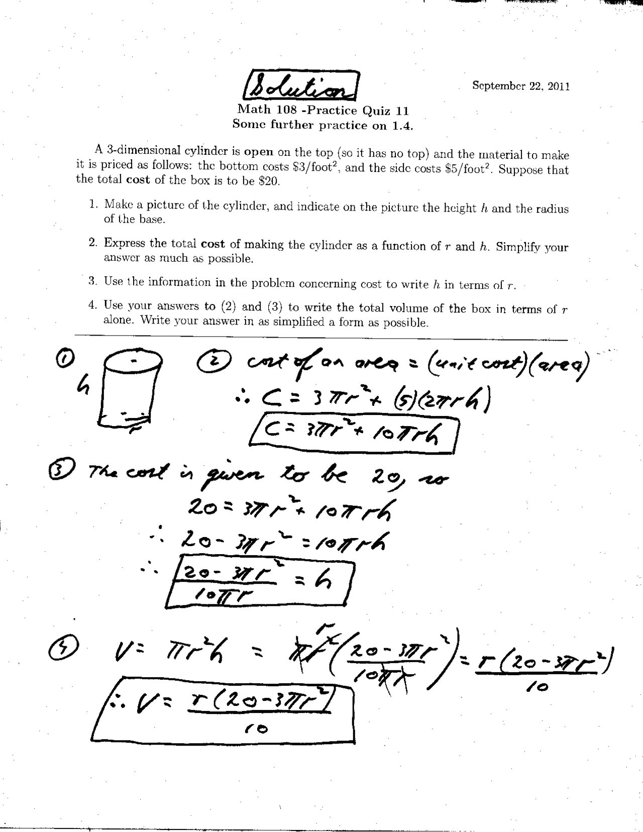 Introductory Calculus Example Questions Solution of Quiz 11 - Introductory Calculus with Business Applications ...