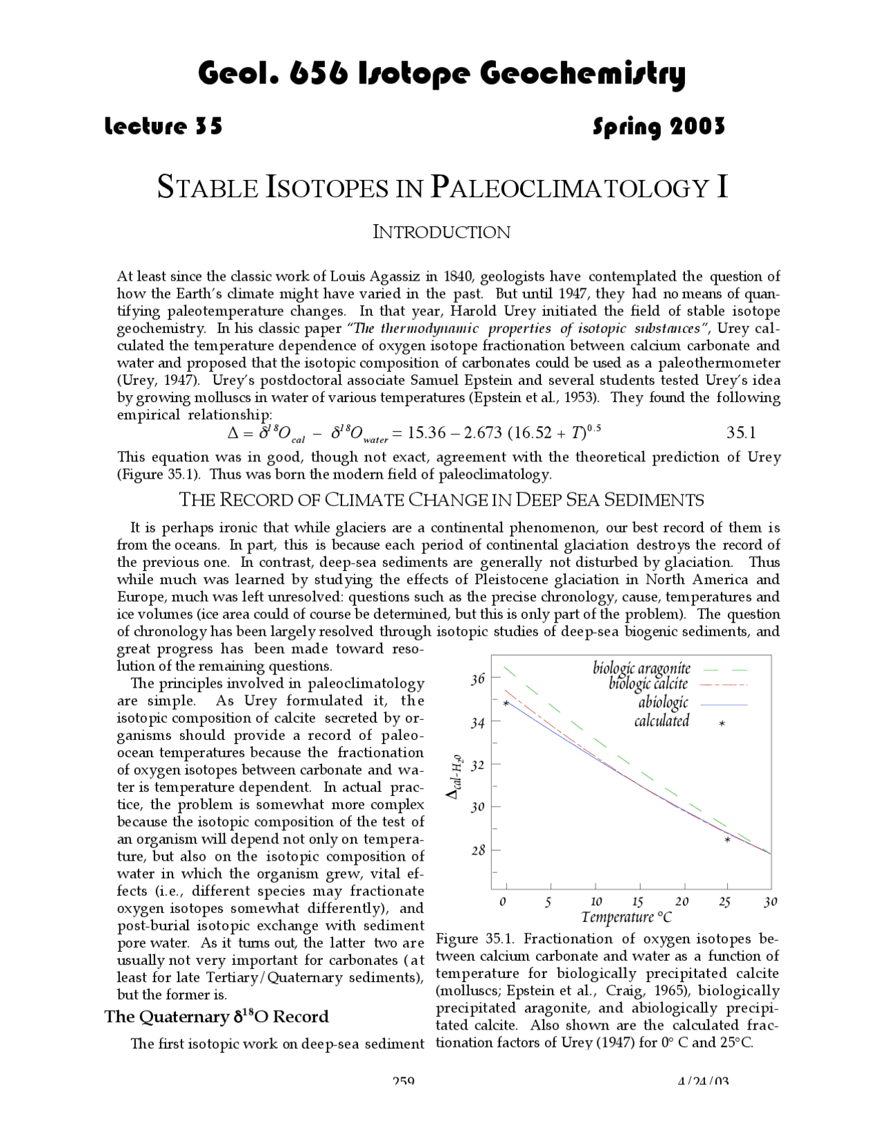 Stable Isotopes in Paleoclimatology, Lecture Notes - Geochemistry 2 ...