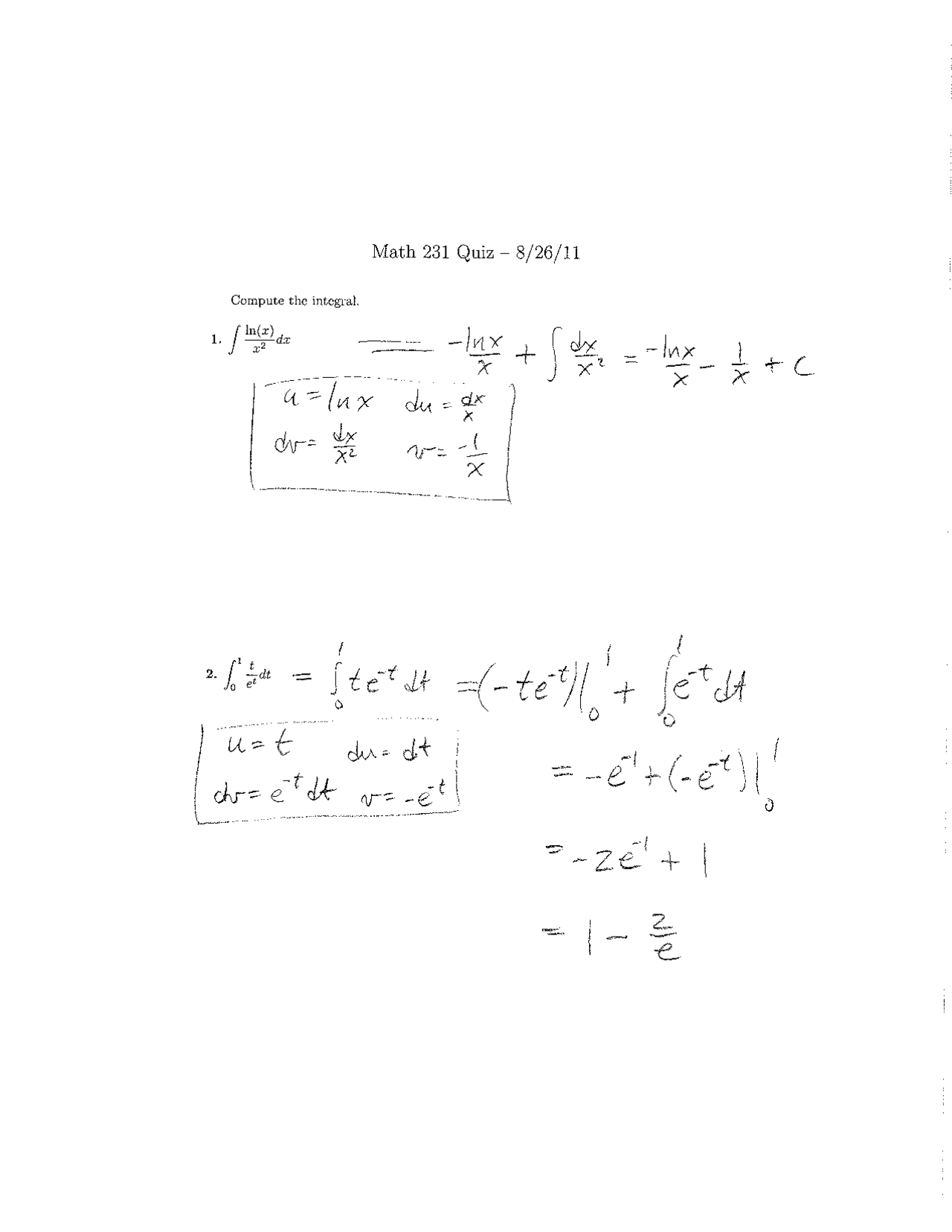Compute the Integral - Quiz with Answers - Calculus II | MATH 231 - Docsity