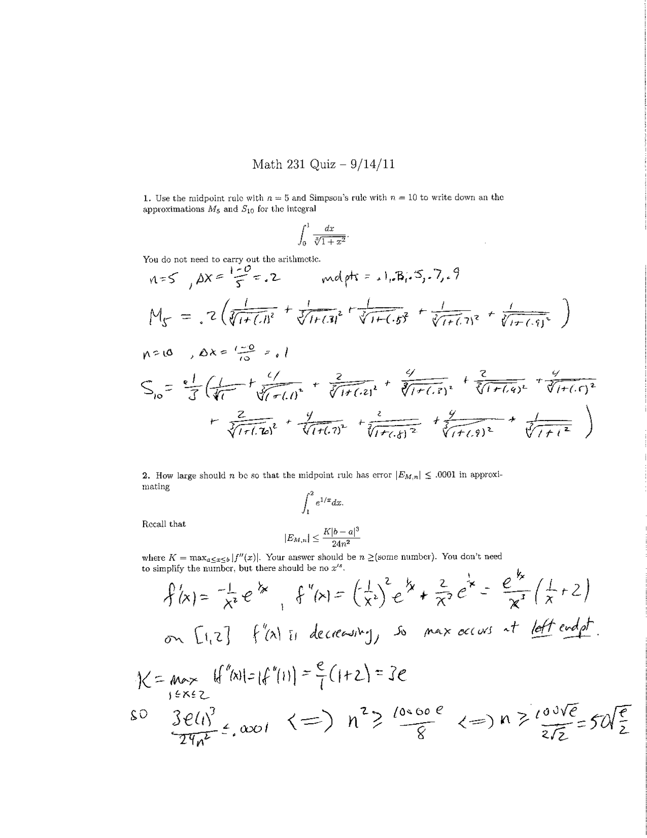 Arithmetic, Quiz 5 with Solutions - Calculus II | MATH 231 | Quizzes ...