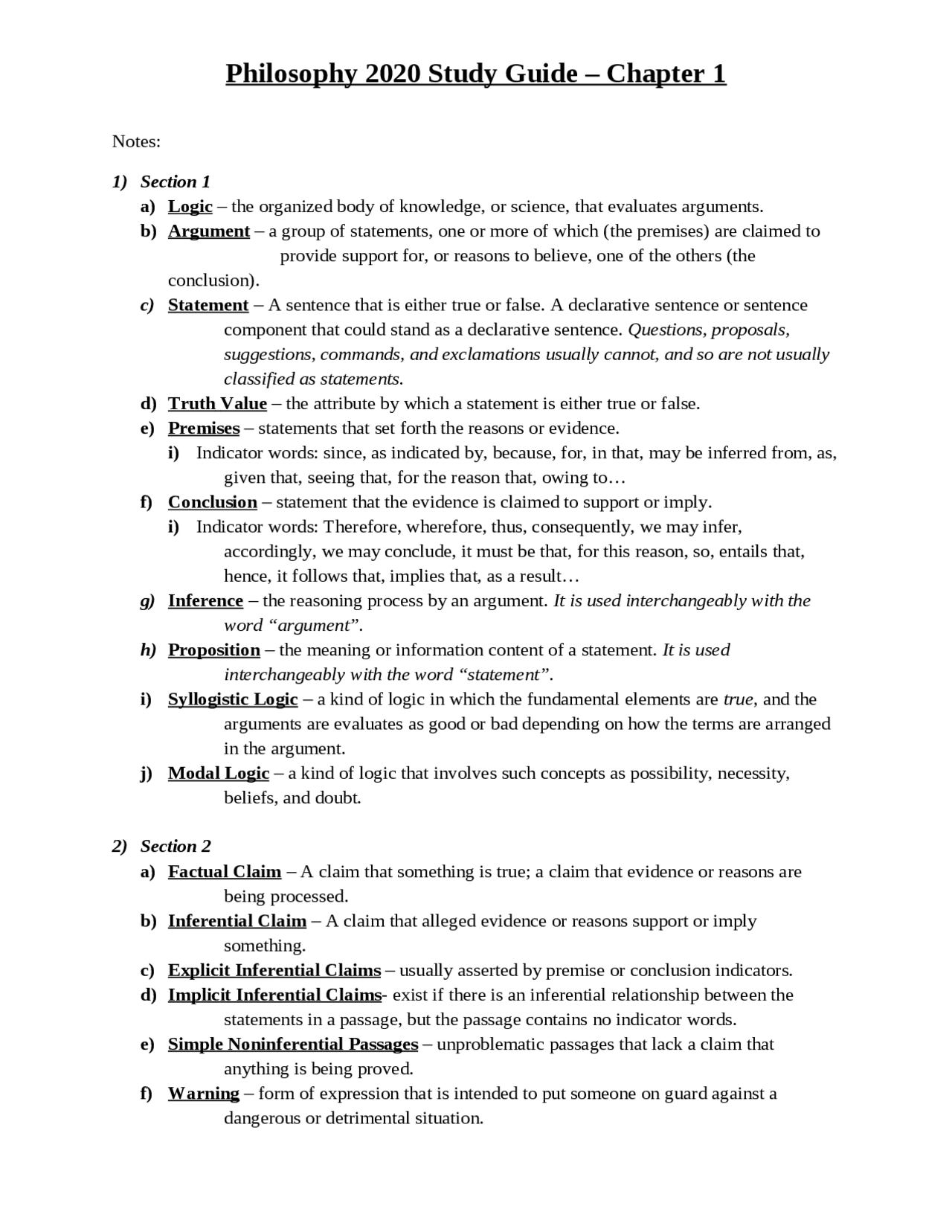 Logic and Critical Thinking - Study Guide | PHIL 2020 - Docsity