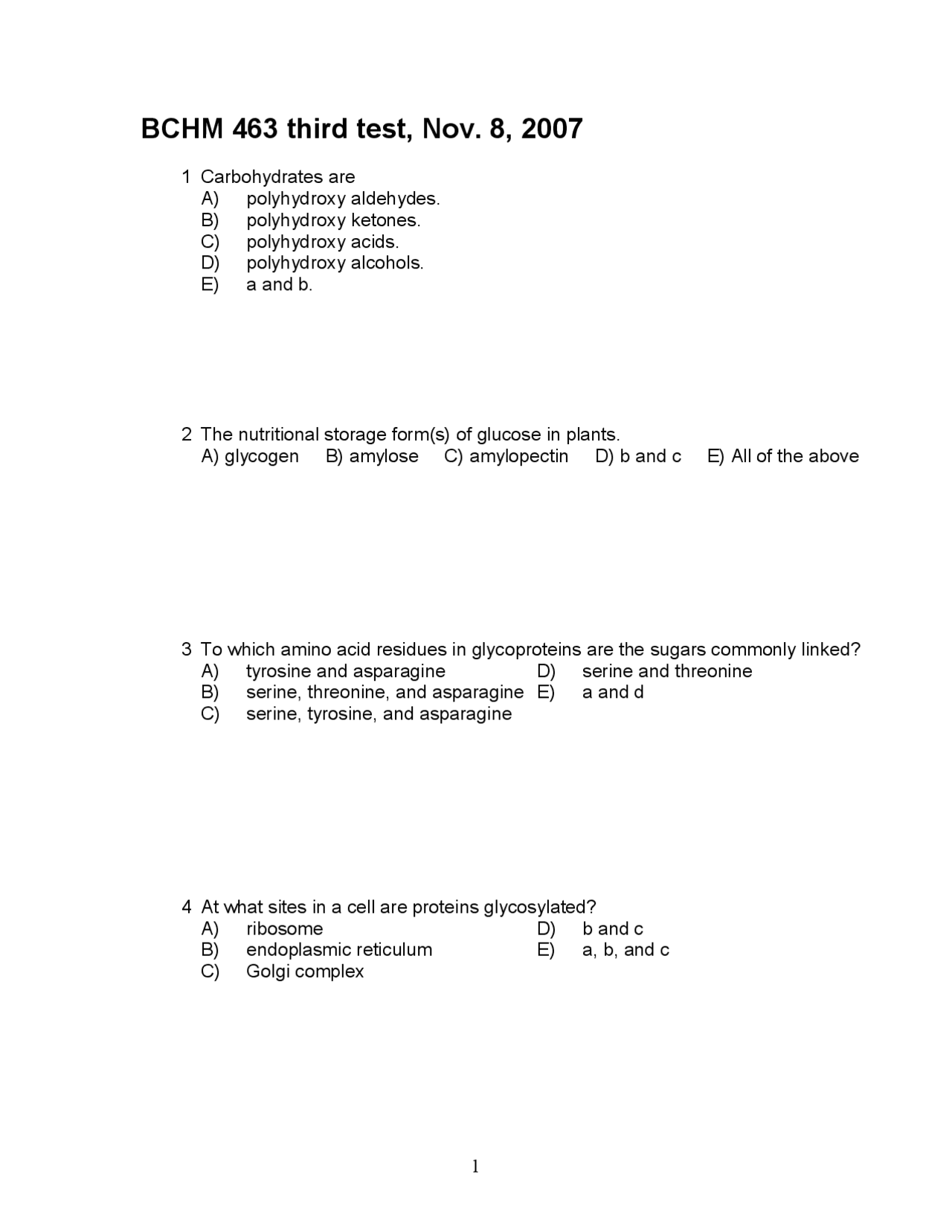 Biochemistry of Physiology - Test III MCQs | BCHM 463 - Docsity
