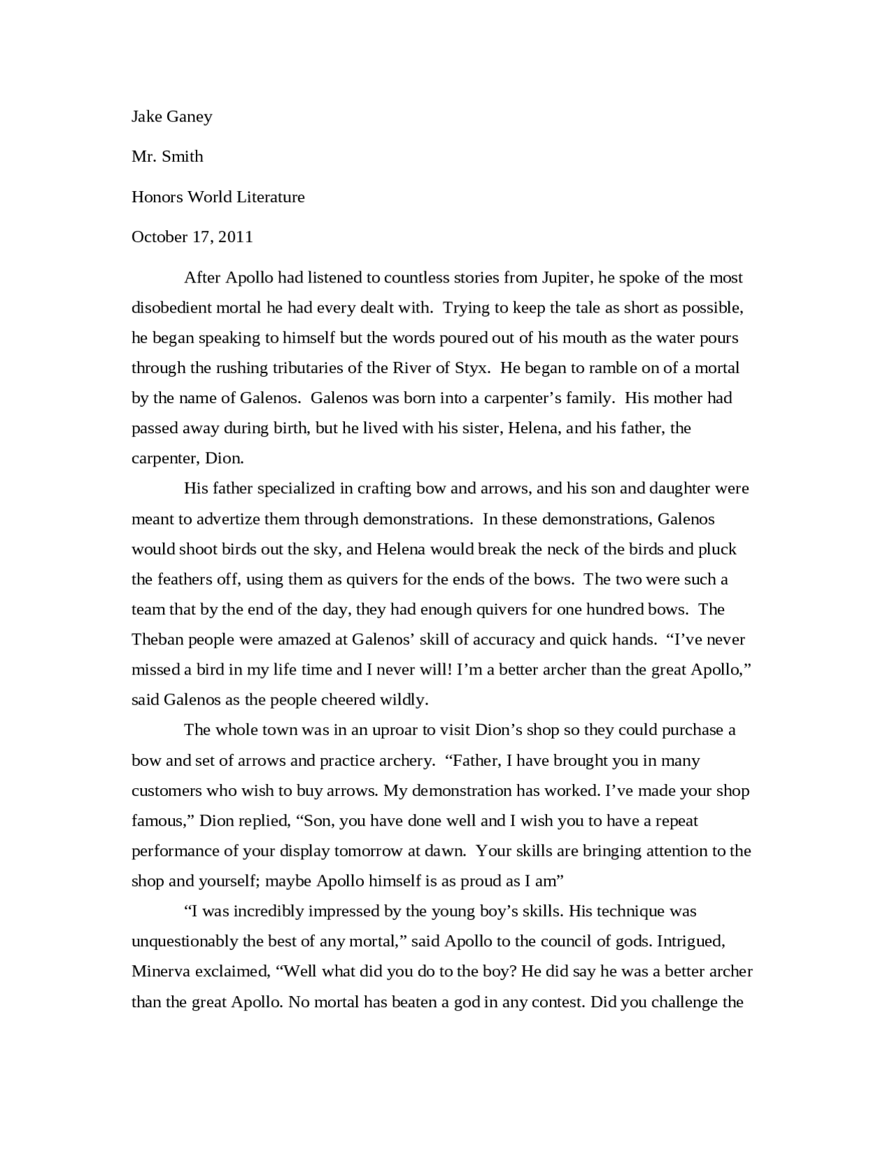 The Story of Galenos in Honor World Literature | ARTH 489M - Docsity