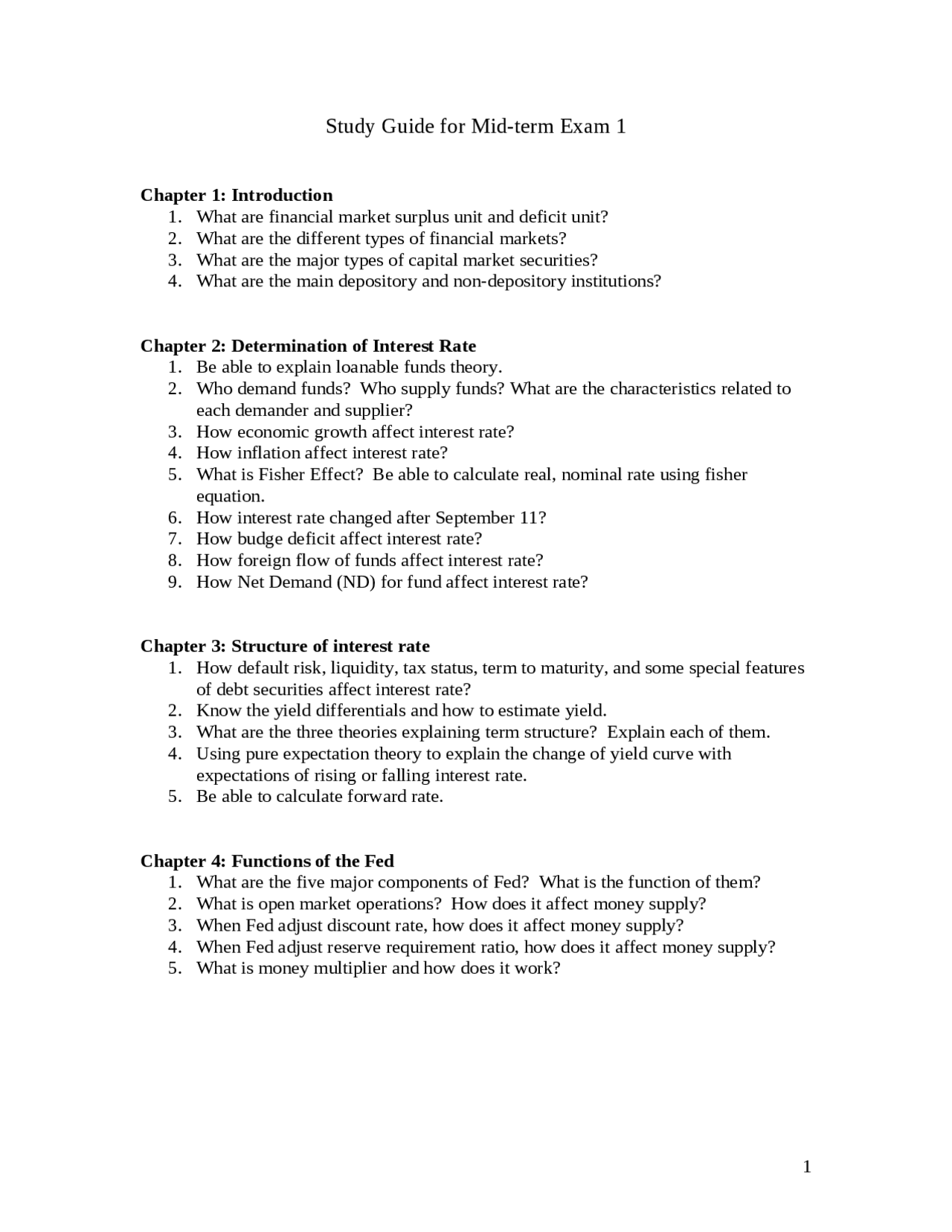 Study Guide for Midterm Exam 1 - Financial Institutions and Markets ...