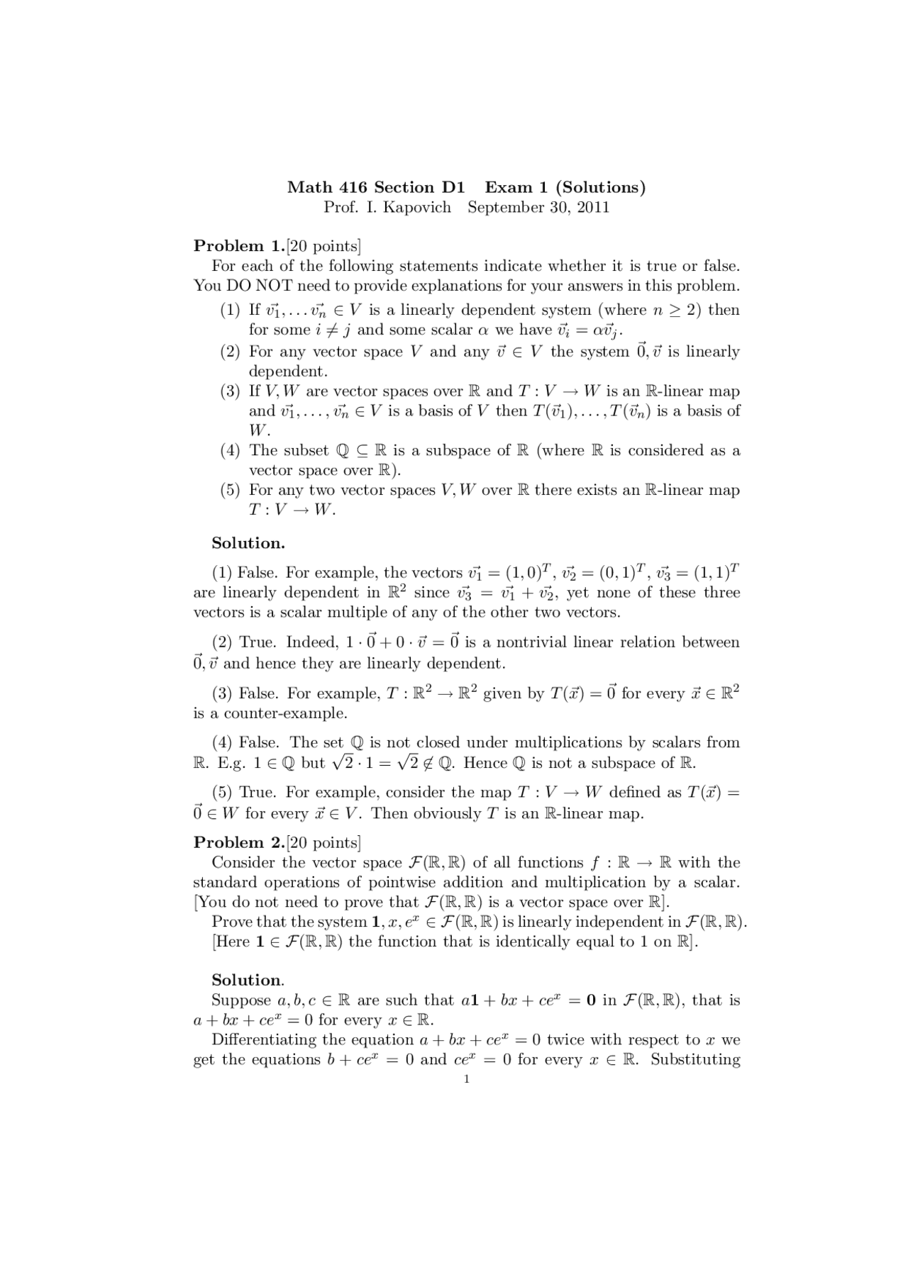 Abstract Linear Algebra Problem Exam With Solution - Abstract Linear Algebra | MATH 416 - Docsity