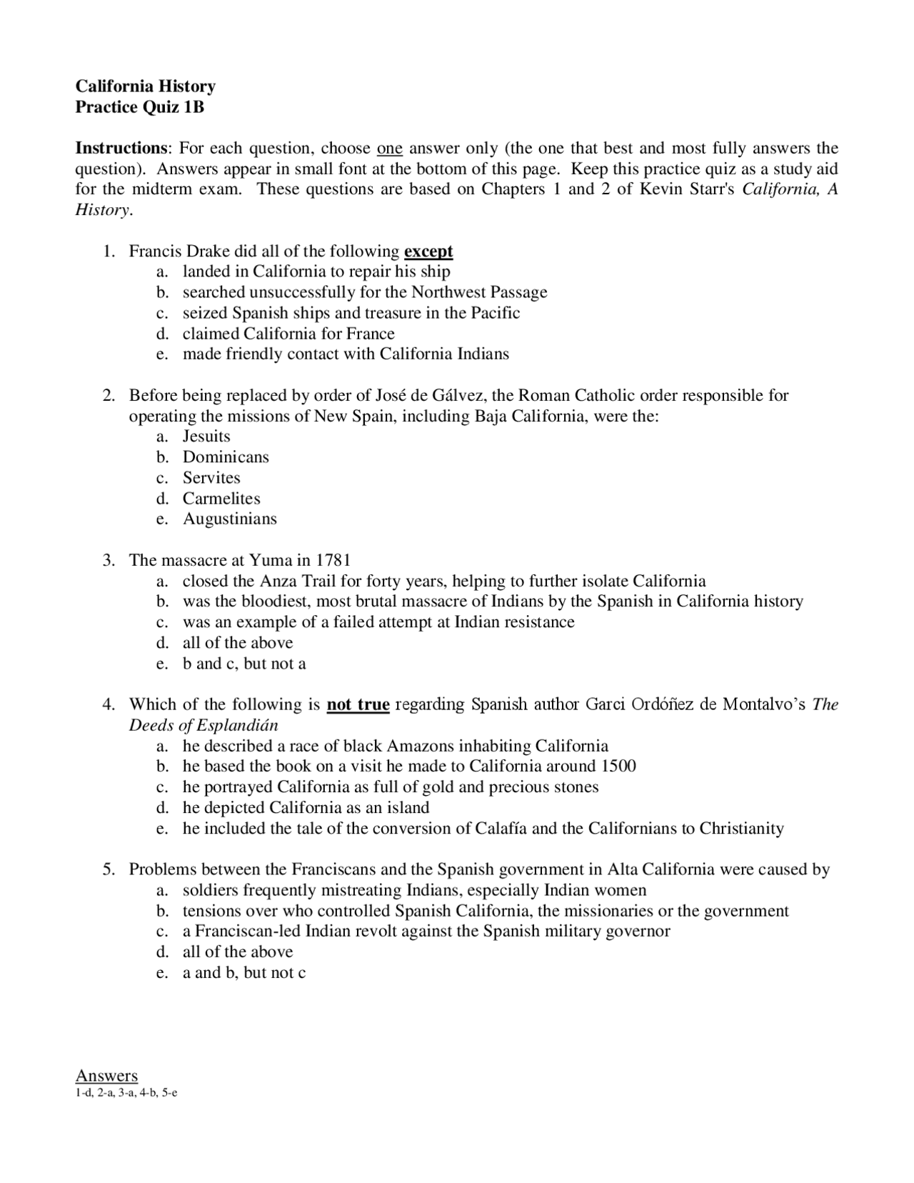 Practice Quiz for History of California HST 370 Docsity