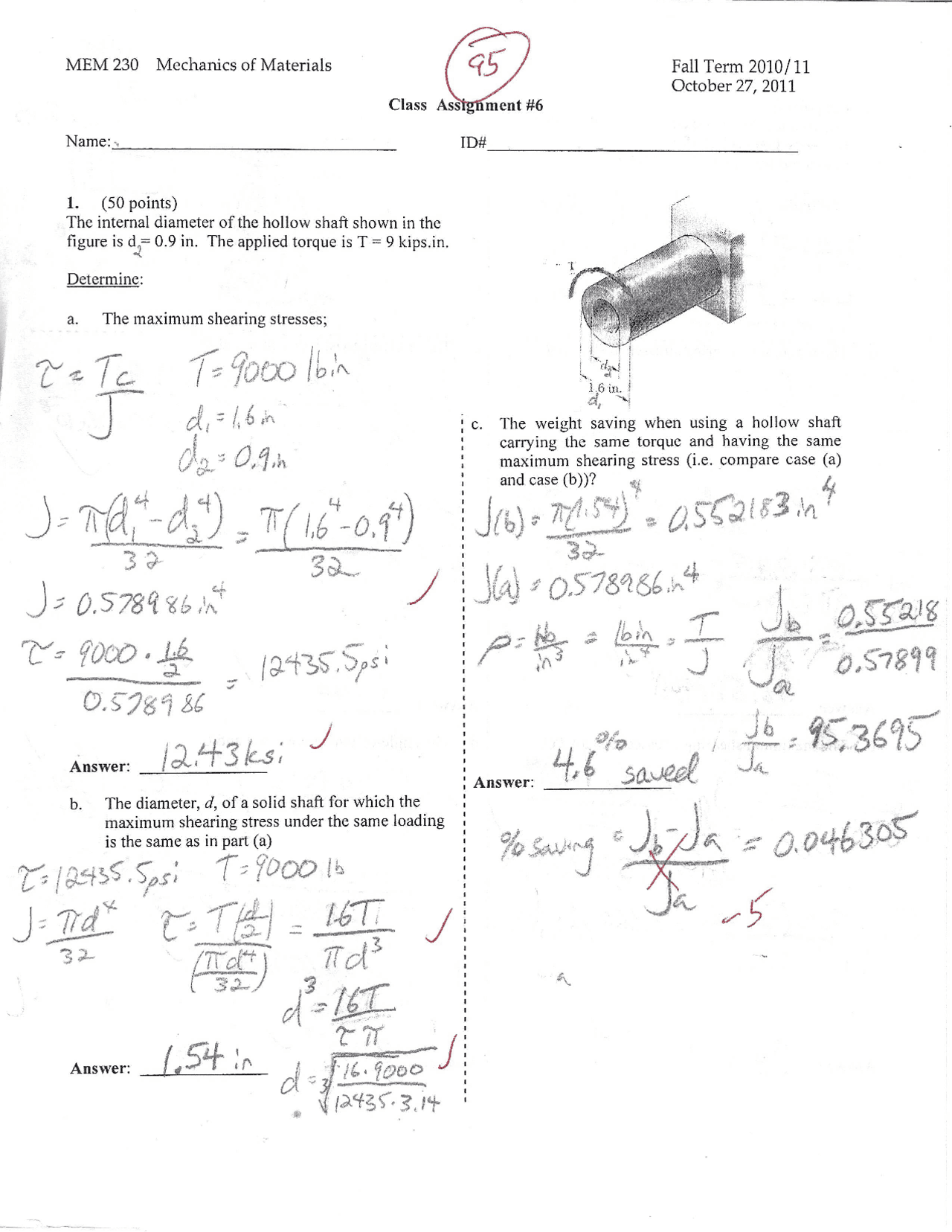 Assignment 6 with Solutions for Mechanics of Materials I | MEM 230 ...