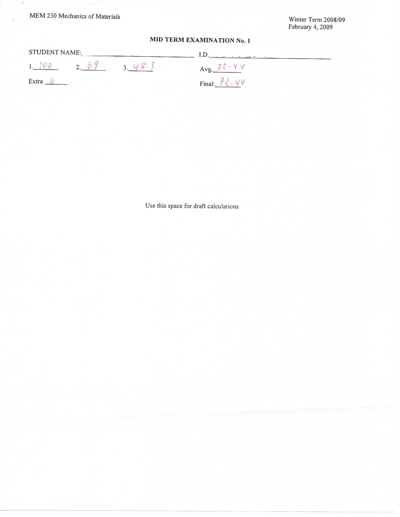 Mechanics of Materials I- Midterm examination - Spring 2009 | MEM 230 ...
