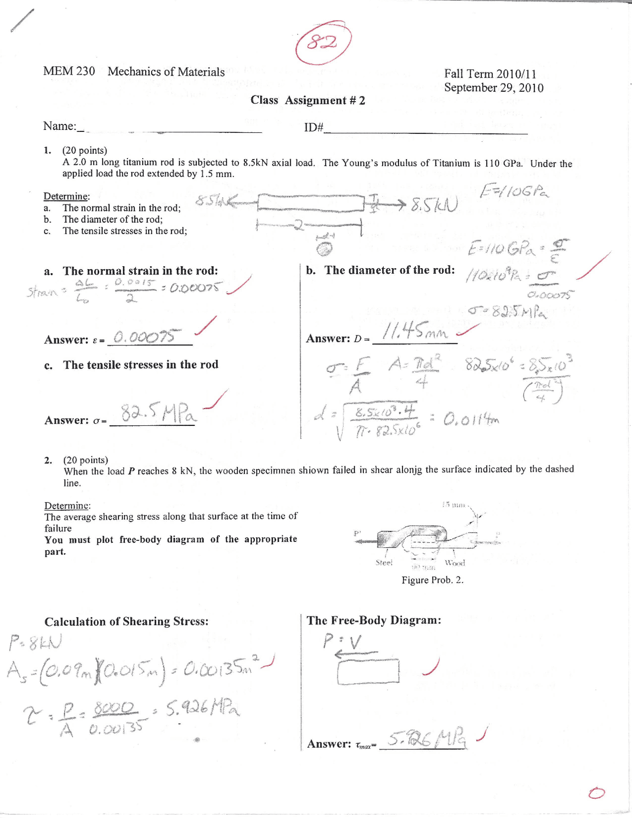 Exam 2 for Mechanics of Materials with Corrections | MEM 230 - Docsity