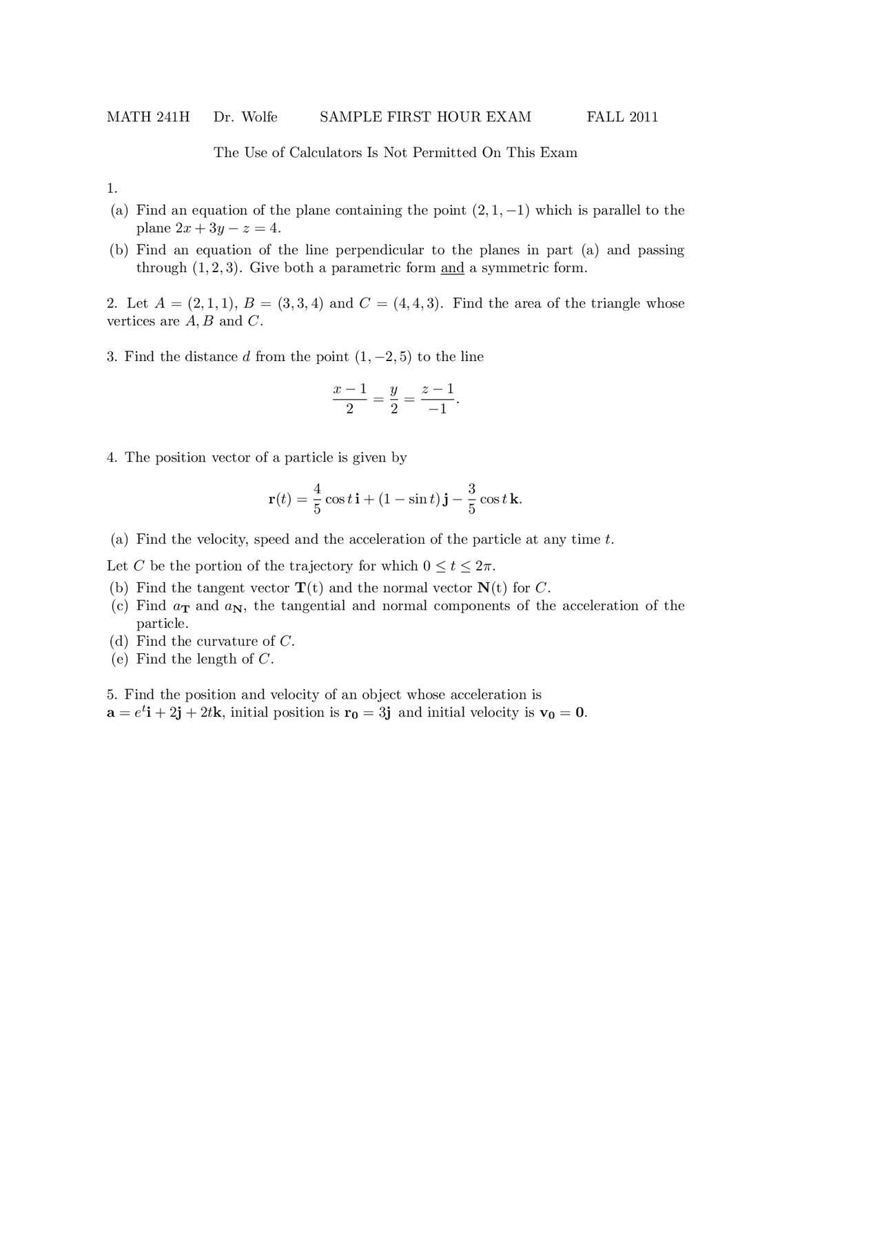 Calculus 3 Math Examples Sample First Exam Questions - Calculus III | MATH 241 - Docsity
