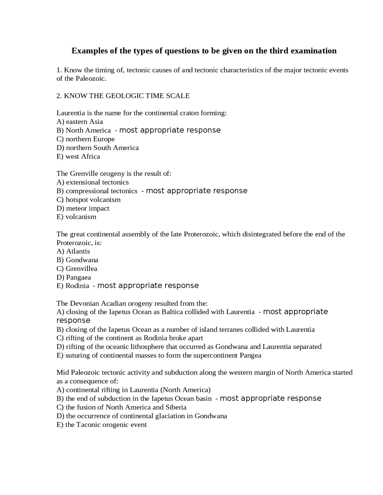 Exam 3 Example Questions | Historical Geology | GEOL 106 - Docsity