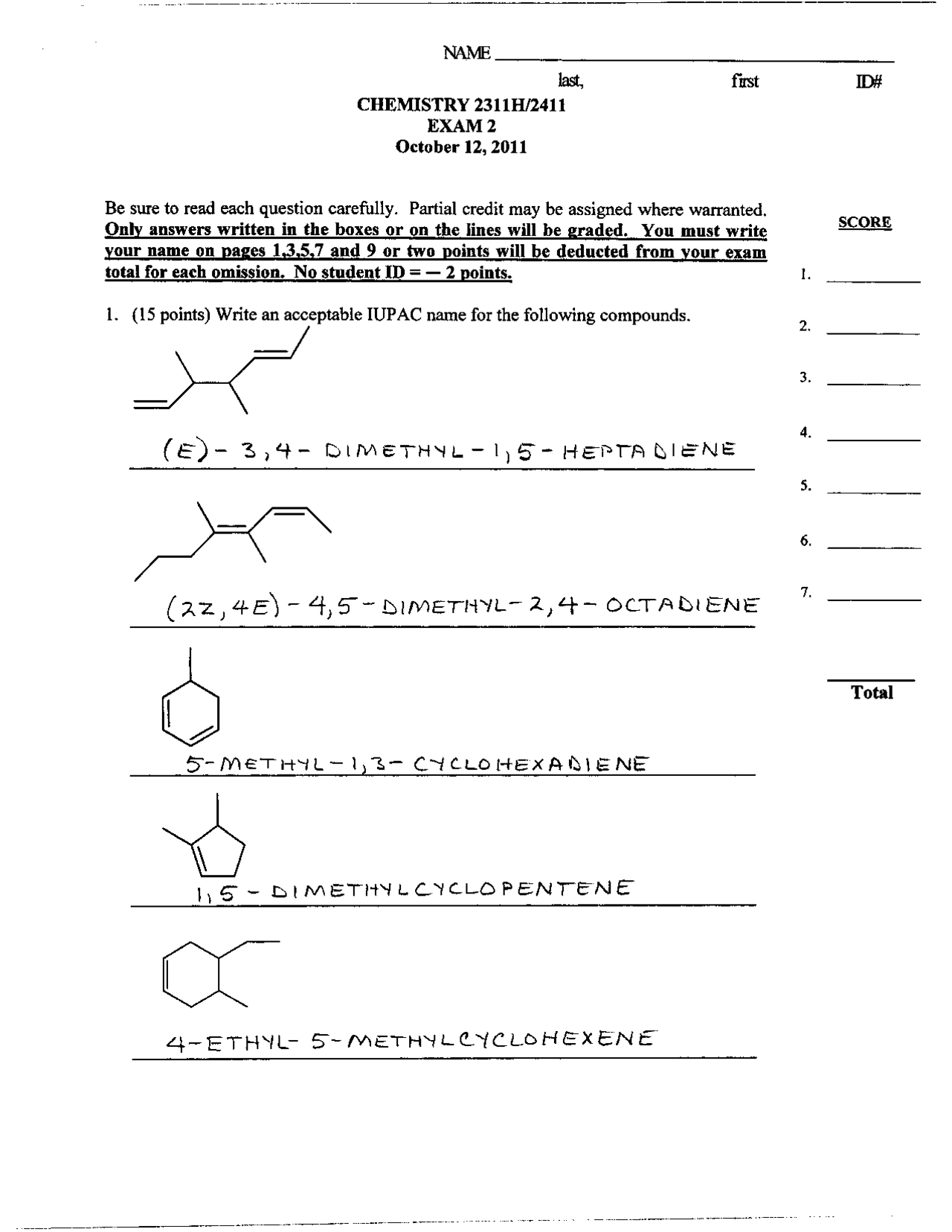 7 Questions in Advanced Organic Chemistry I - Exam 2 | CHEM 2311H - Docsity