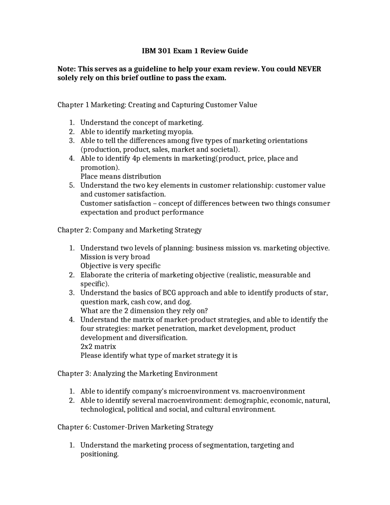 IBM 301 Exam 1: Marketing Review Guide - Prof. Xin Liu | Study notes ...