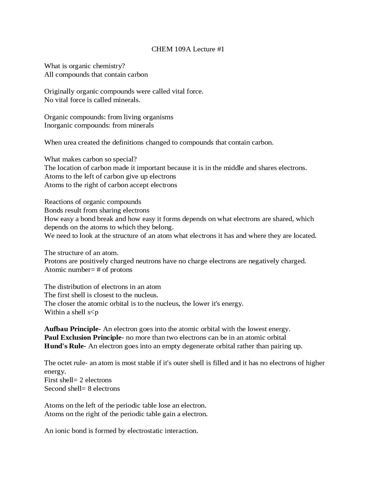 Introduction to Organic Chemistry - Lecture Notes | CHEM 109A - Docsity