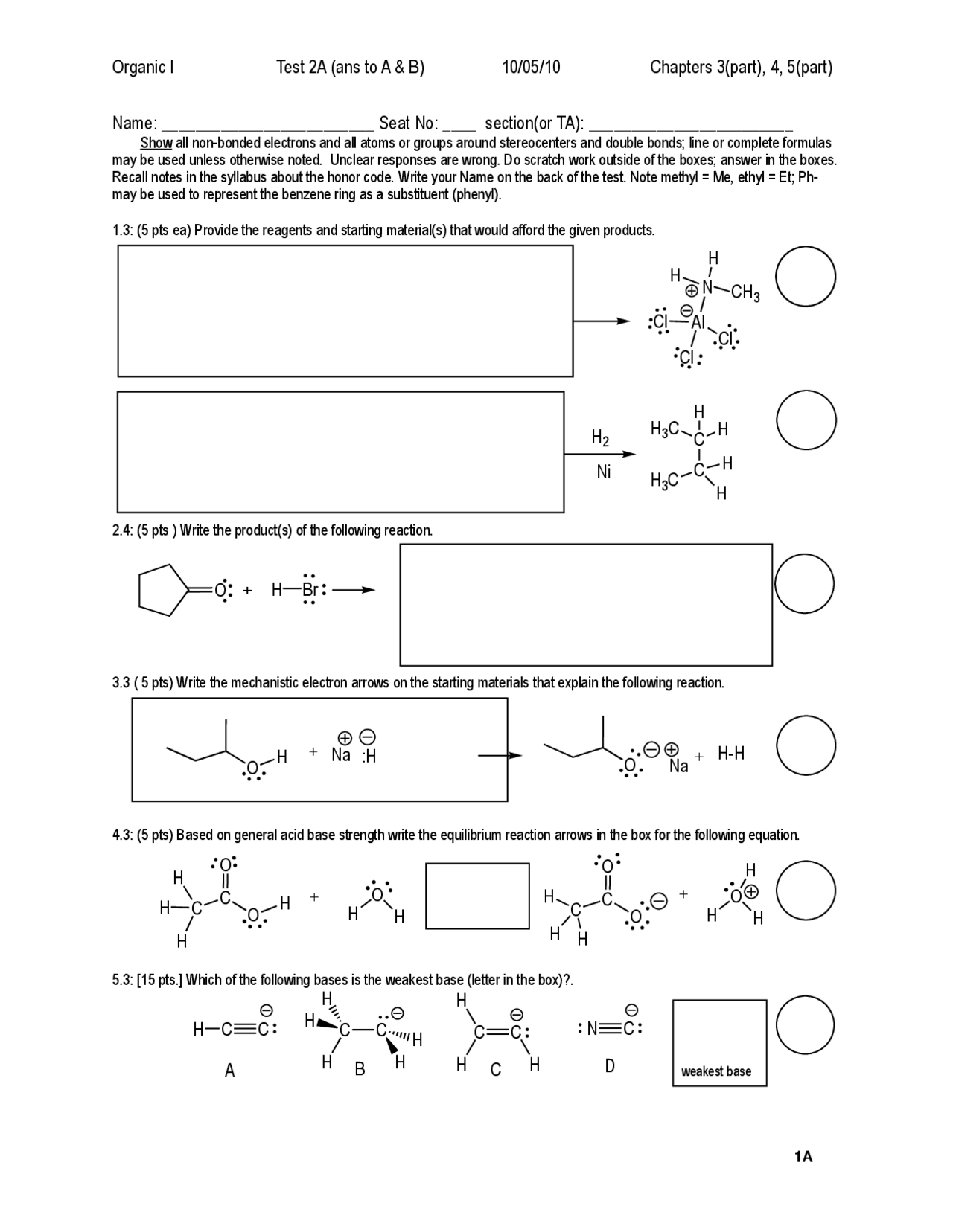 Practice Exam 2A - Organic Chemistry I - 2010 | CHEM 333 - Docsity