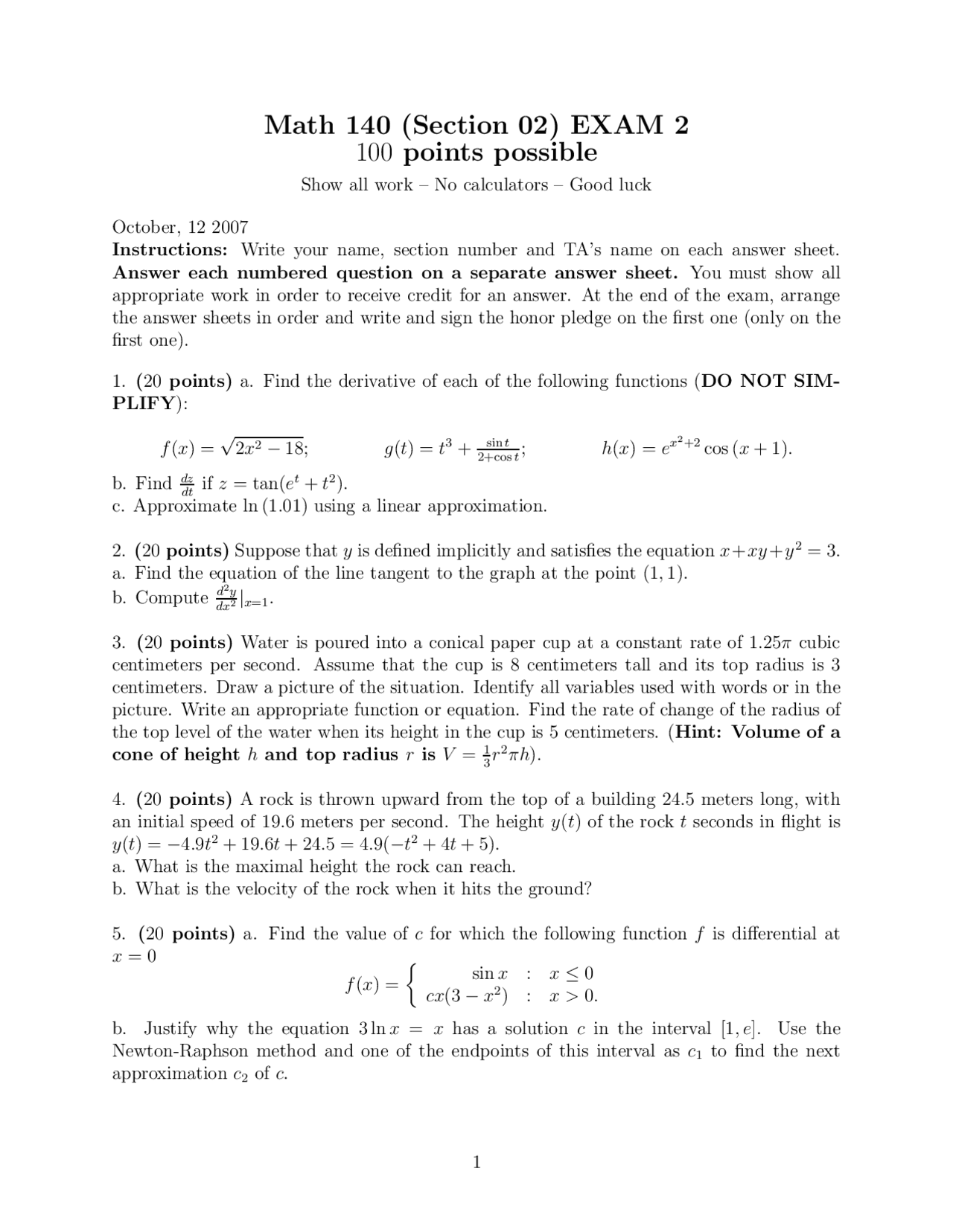 Calculus - Question Paper to Solve | MATH 140 - Docsity