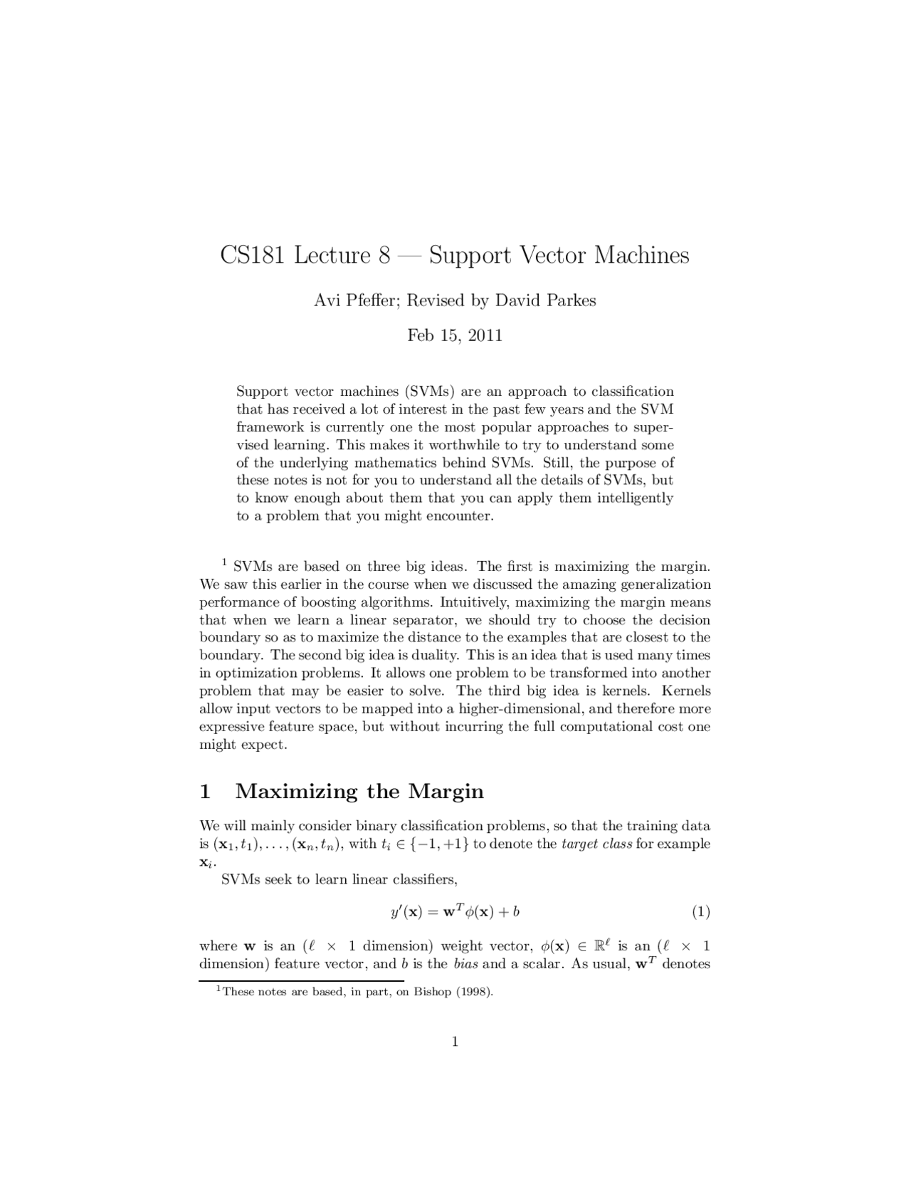 Support Vector Machines , Lecture Notes - Computer Science - Docsity