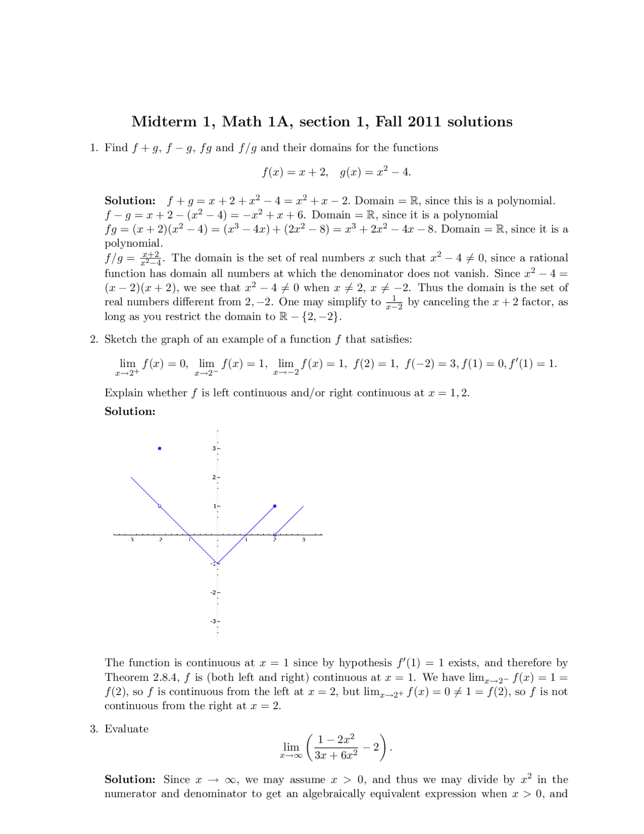7 Problems with Solutions on Calculus - Examination 1 | MATH 1A - Docsity