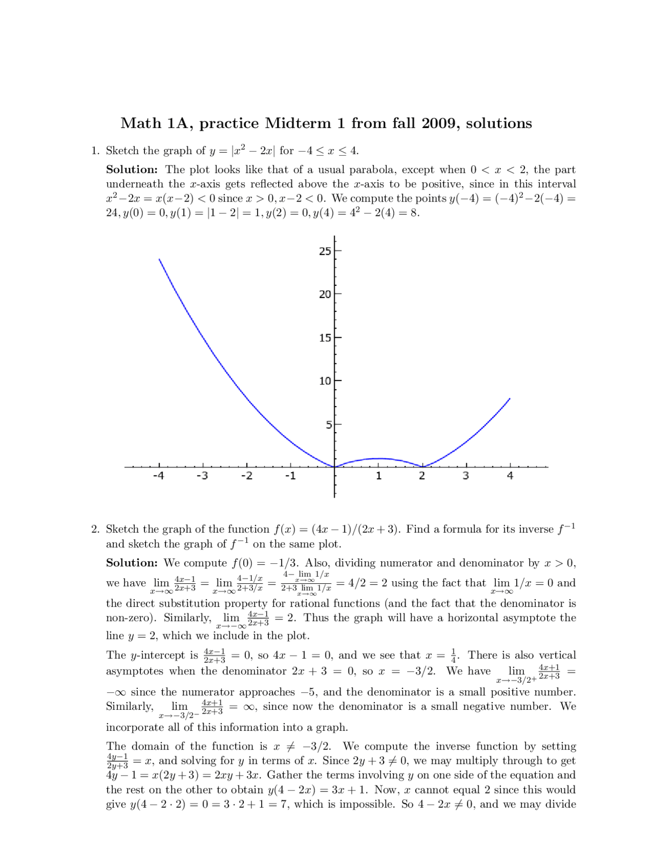 Ian Agol Math Math 1A Midterm 1 Solutions: Graphing Functions, Limits, and ...