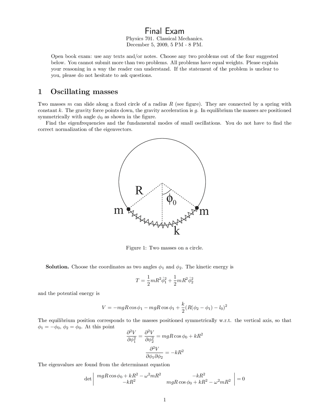Final Exam with Solutions | Classical Mechanics | PHYS 701 - Docsity