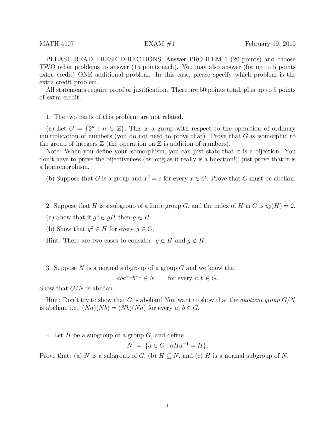 Midterm Exam 1 for Abstract Algebra I | MATH 4107 - Docsity