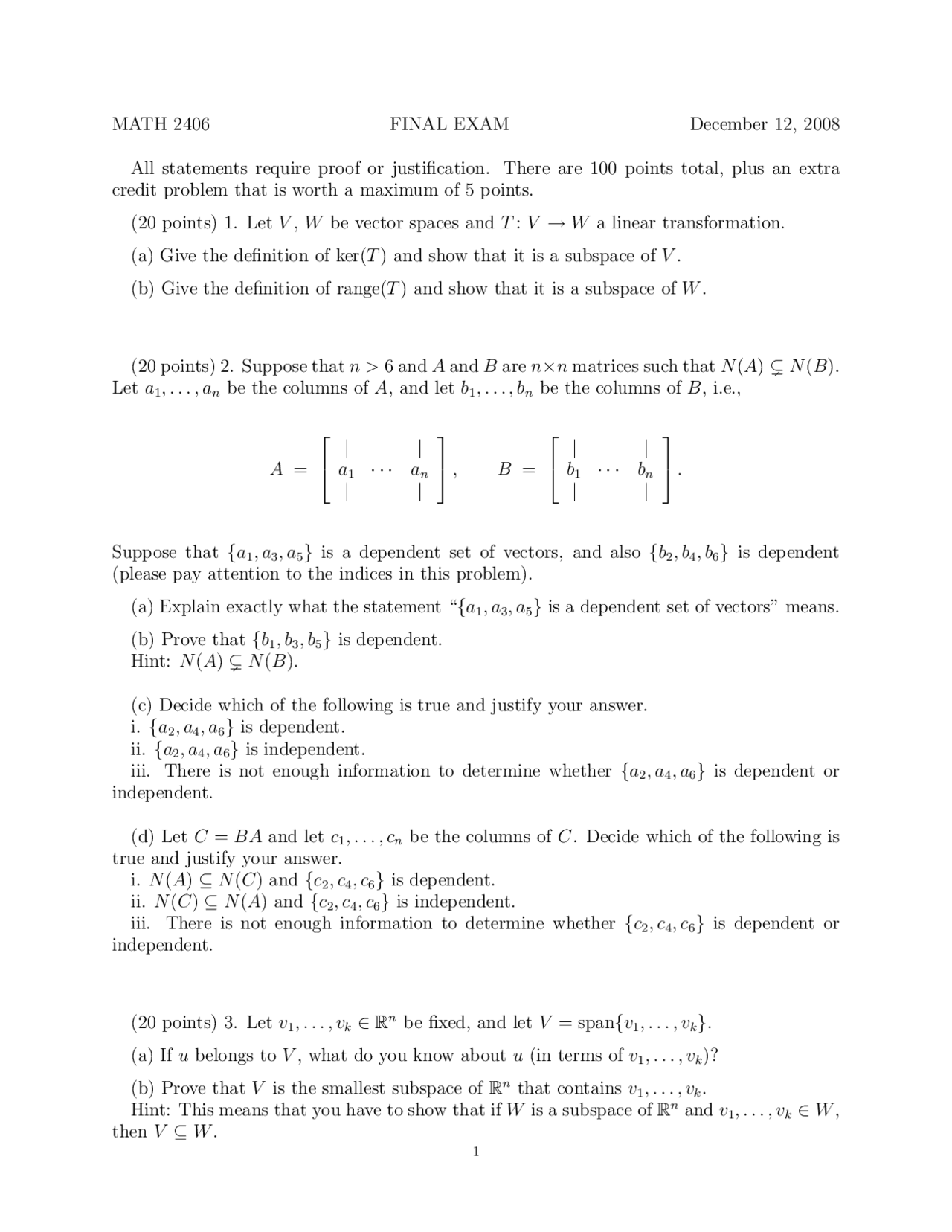 5 Solved Problems On Linear Transformation Final Exam Math 2406 Docsity