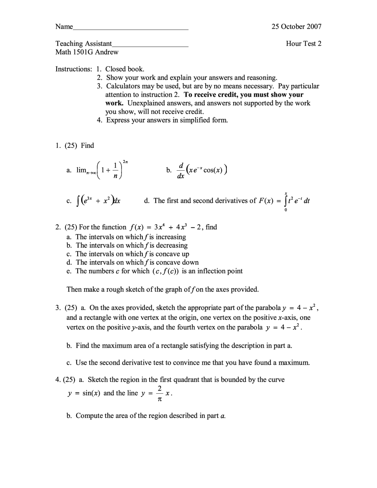 Practice Test 2 on Calculus I - Fall 2007 | MATH 1501 - Docsity