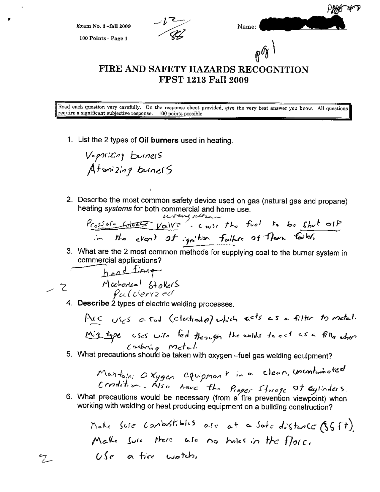 Practice Exam 3 on Fire and Safety Hazards Recognition Fall 2009