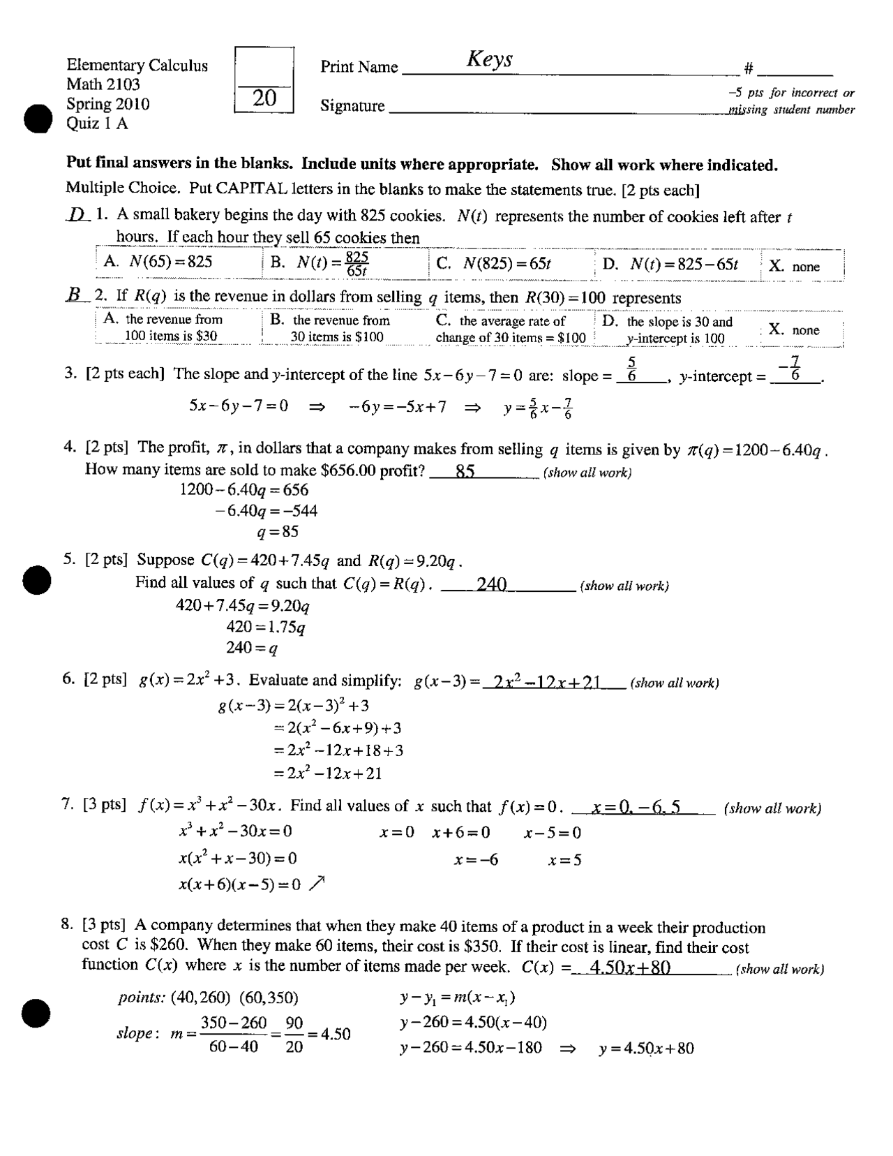 Quiz 1 with Solution - Elementary Calculus | MATH 2103 - Docsity