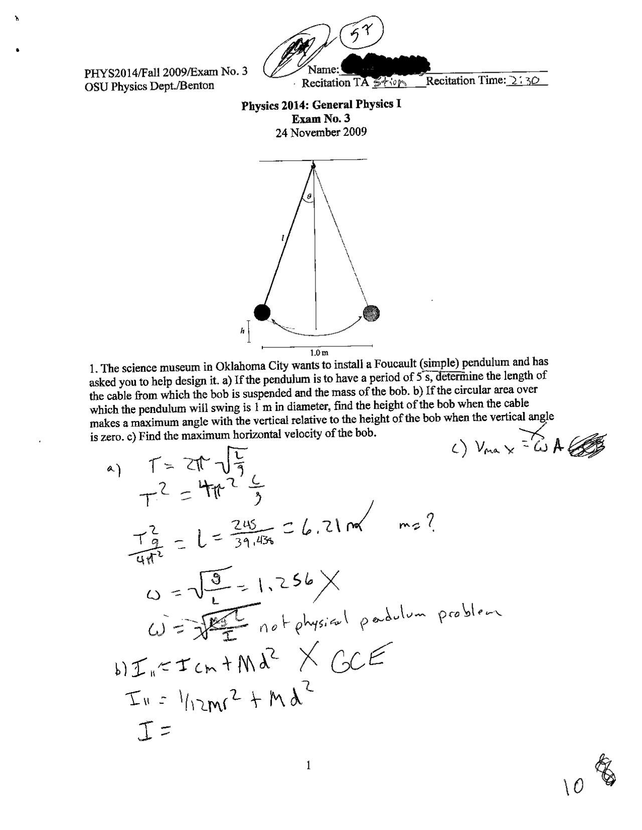 Exam 3 with Answers - General Physics - Fall 2009 | PHYS 2014 - Docsity