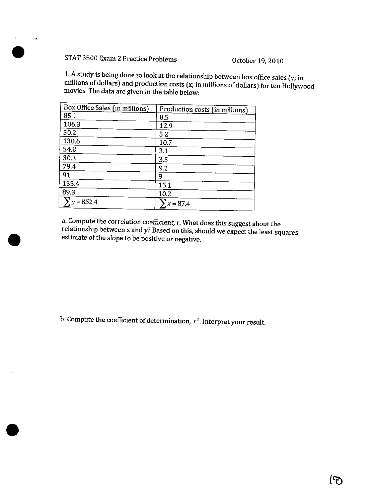 Exam 2 Practice Problems - Introduction to Probability and Statistics ...