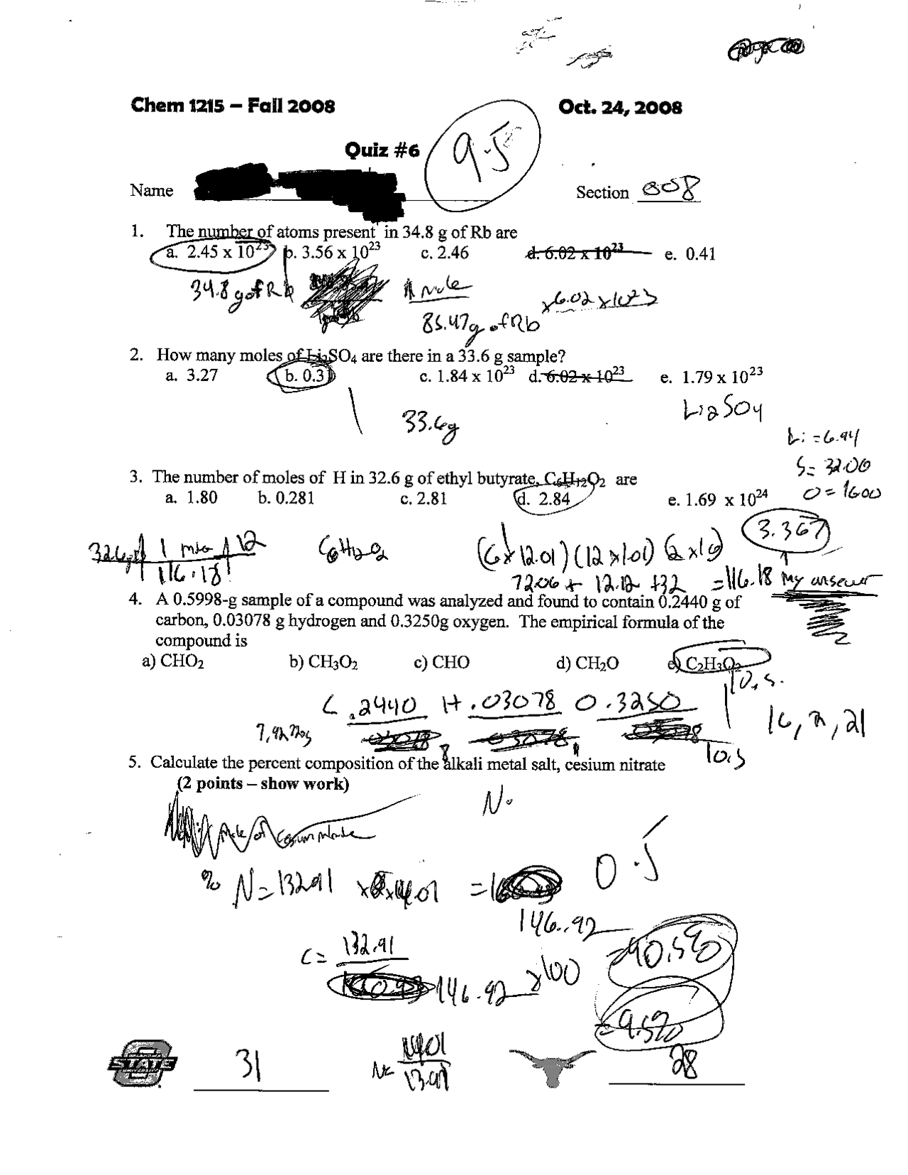 Solutions to Quiz 6 - General Chemistry | CHEM 1215 - Docsity