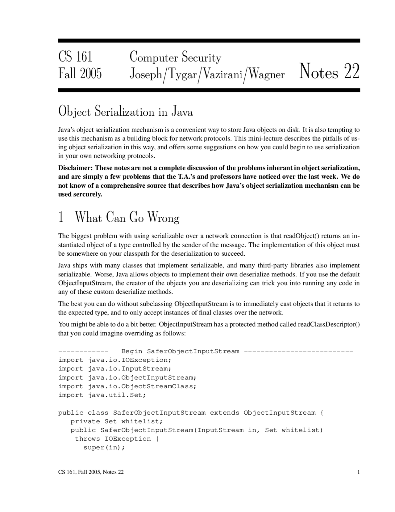 Computer Security Object Serialization in JAVA, Lecture Notes ...