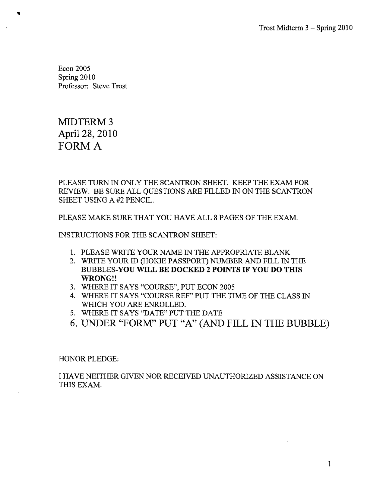 Midterm Exam 3 - Spring 2010 - Principles of Economics | ECON 2005 ...