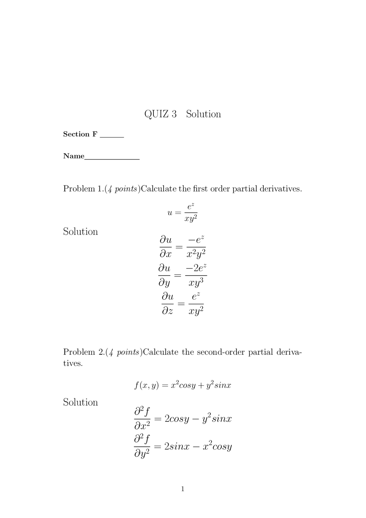 Quiz 3 Problem with Solution - Calculus II | MATH 2401 - Docsity