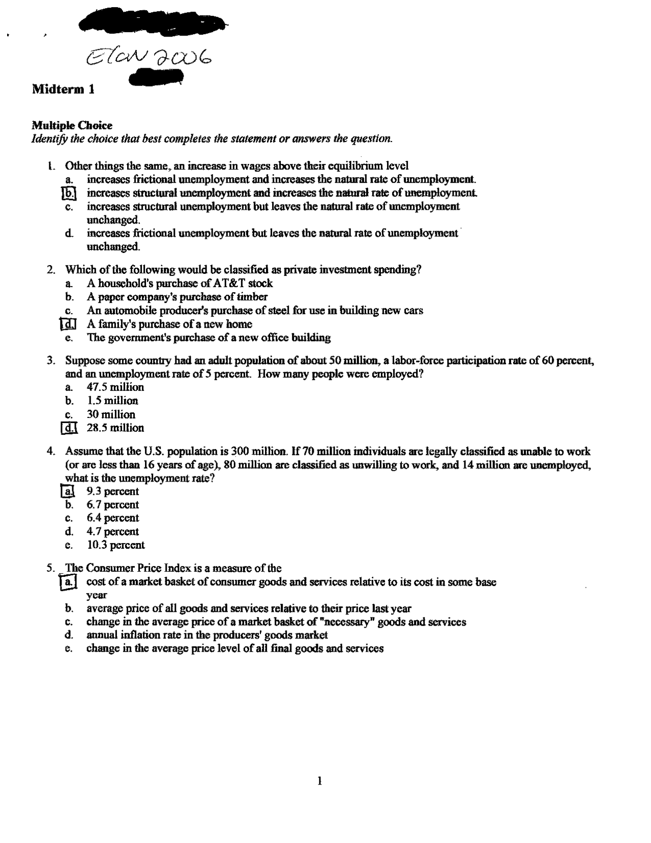 Solved Questions for Exam 1 - Principles of Economics | ECON 2006 - Docsity