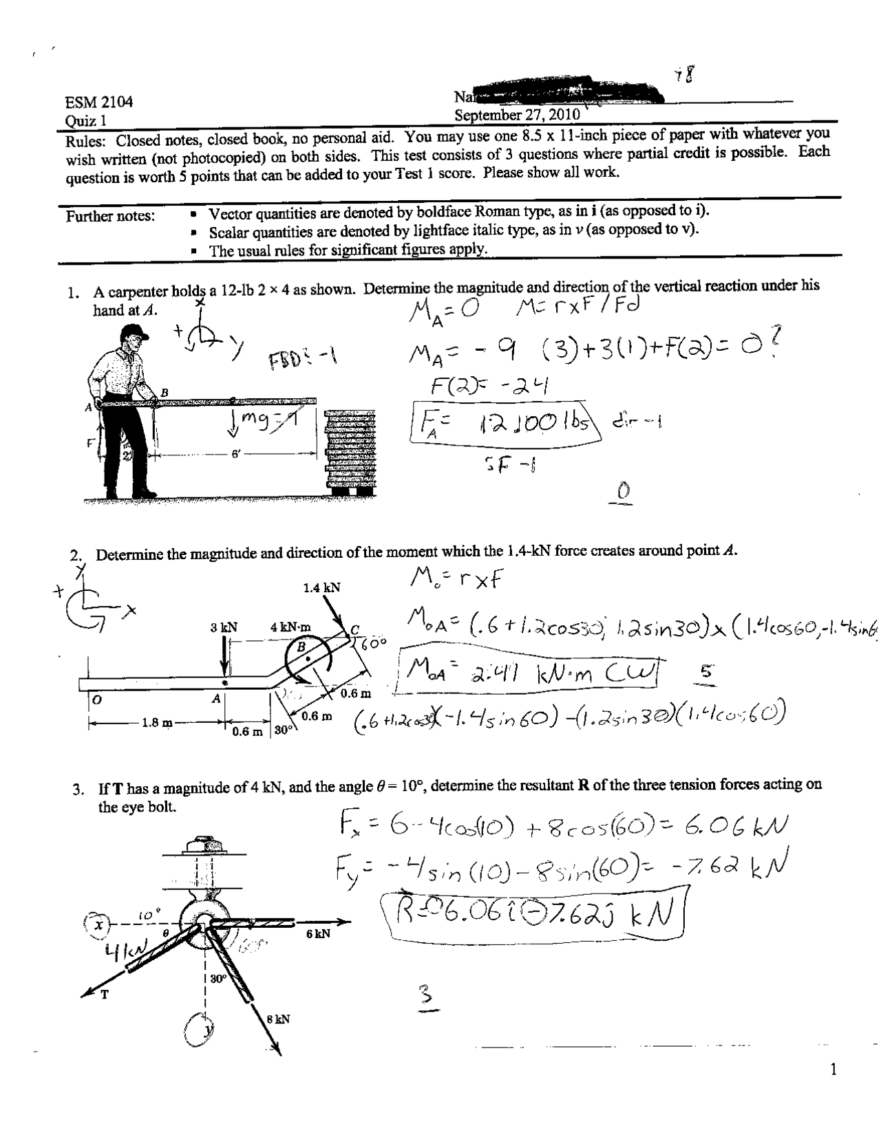 Torque Questions with Answers - Quiz 1 | Statics 2010 | ESM 2104 - Docsity