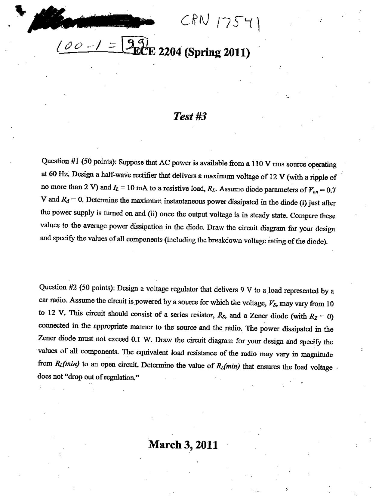 Electronics Test Voltage Regulator Solution Ece 2204 Docsity