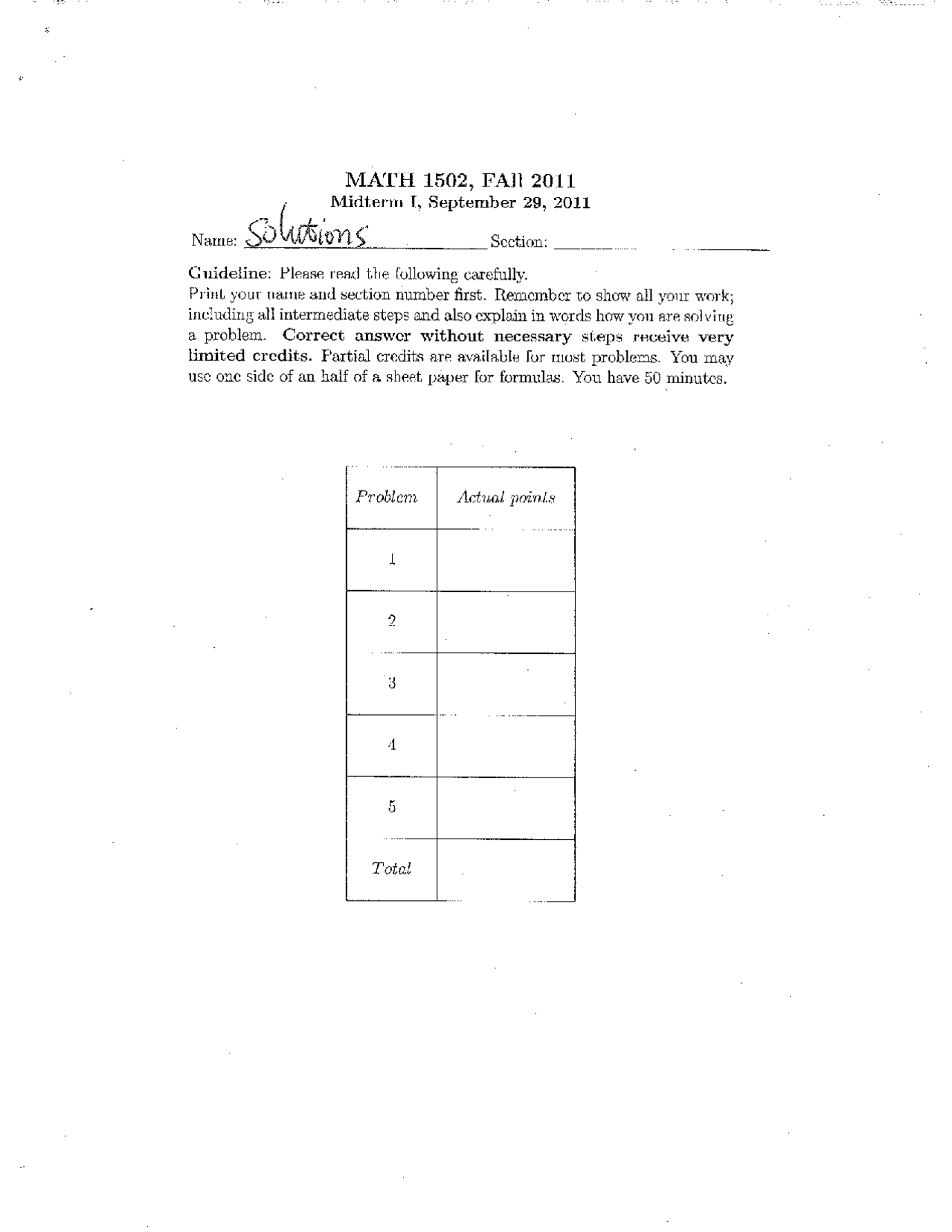 Solutions to Exam 1 - Calculus II | MATH 1502 - Docsity
