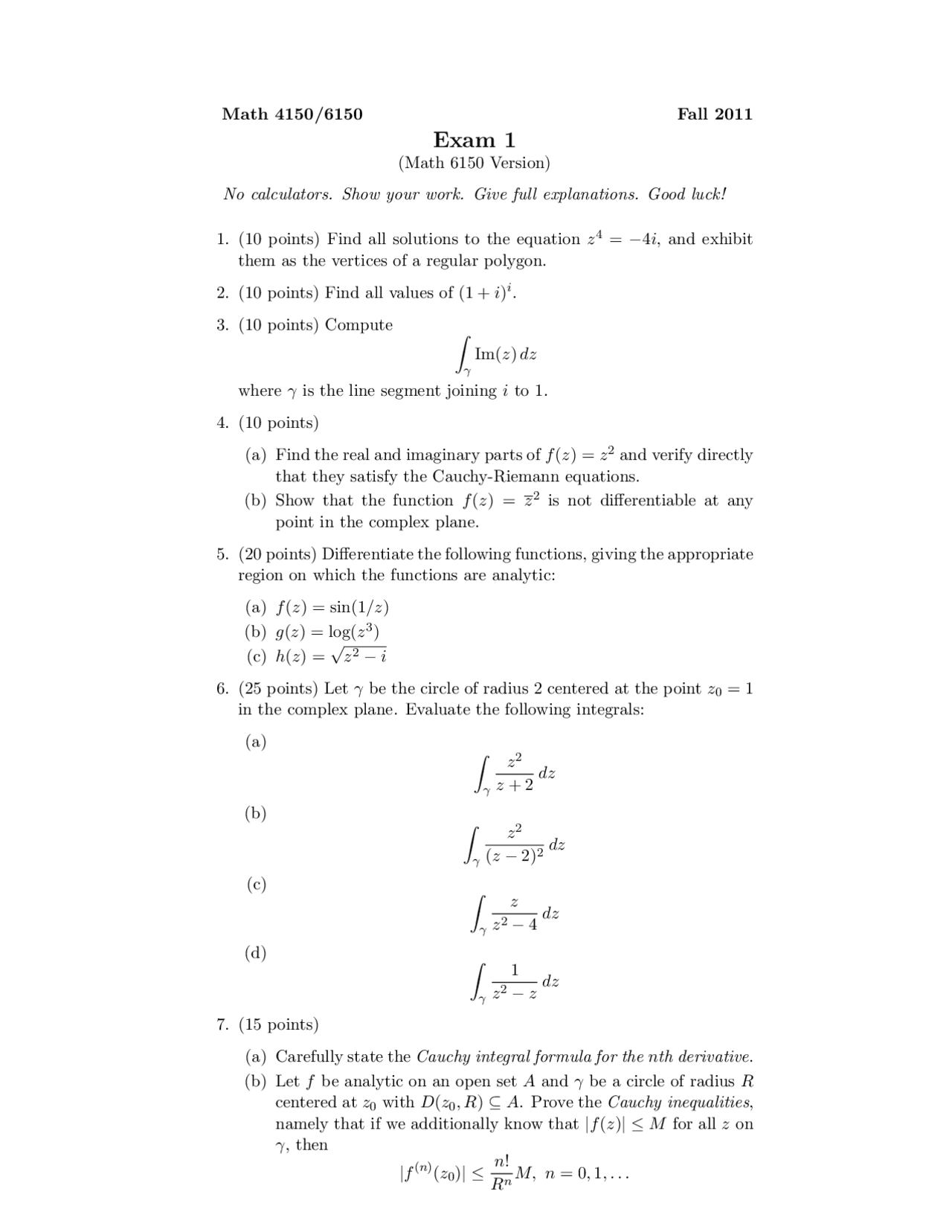 7 Questions on Complex Variables - Exam 1 | MATH 4150 - Docsity