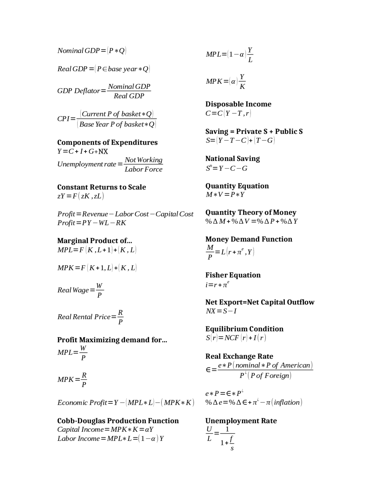 Formula Sheet - Aggregate Economic Analysis | ECON 4710 - Docsity