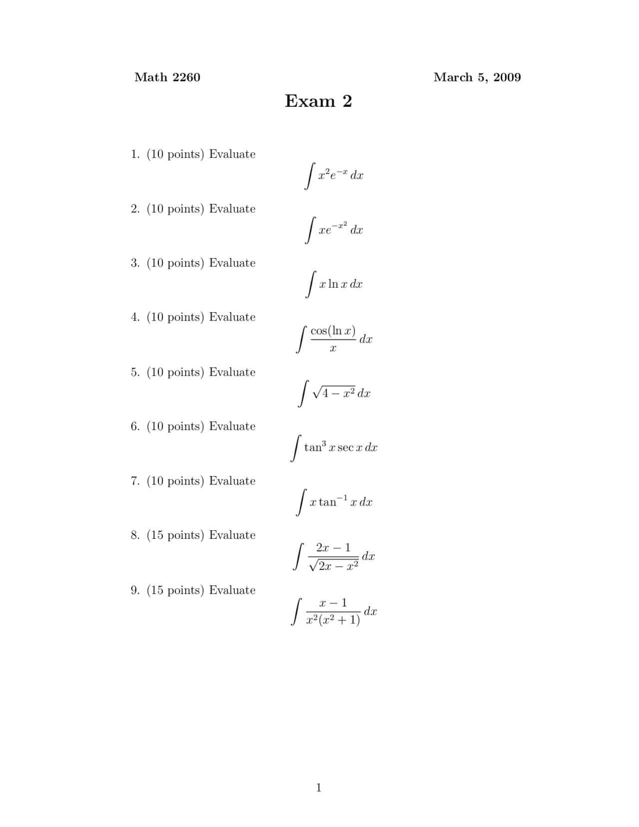 9 Questions on Calculus II for Science and Engineering - Past Exam 2 ...