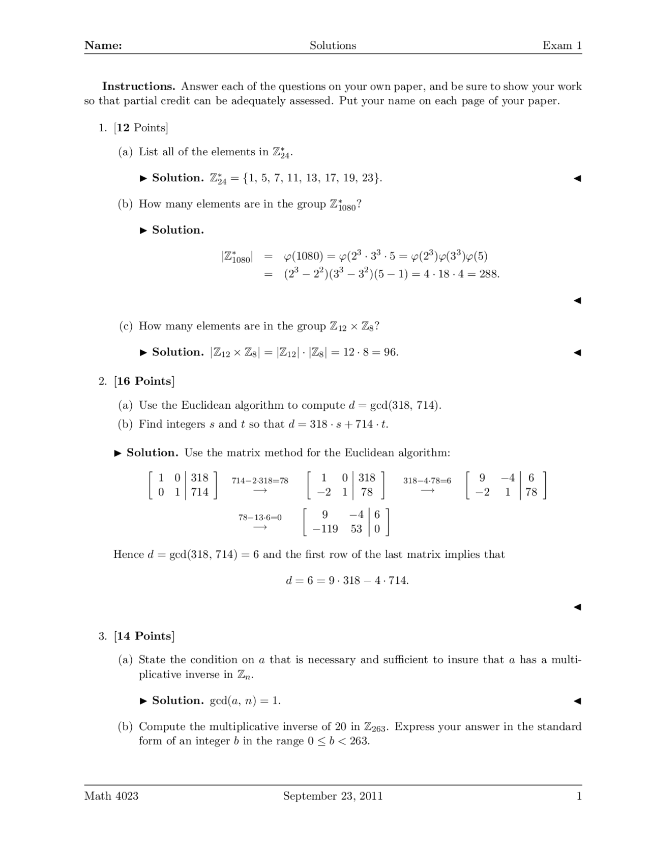 5 Solved Problems on Applied Algebra - Exam 1 | MATH 4023 - Docsity