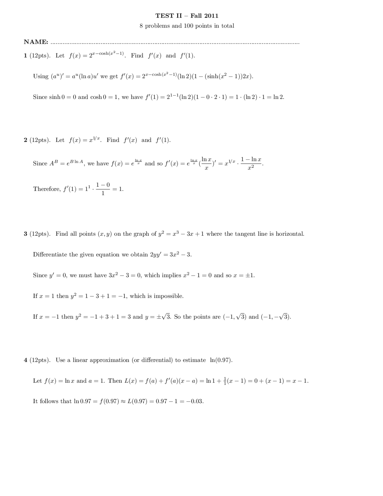 Fall 2011 Test Solutions: Calculus I | Exams Mathematics | Docsity