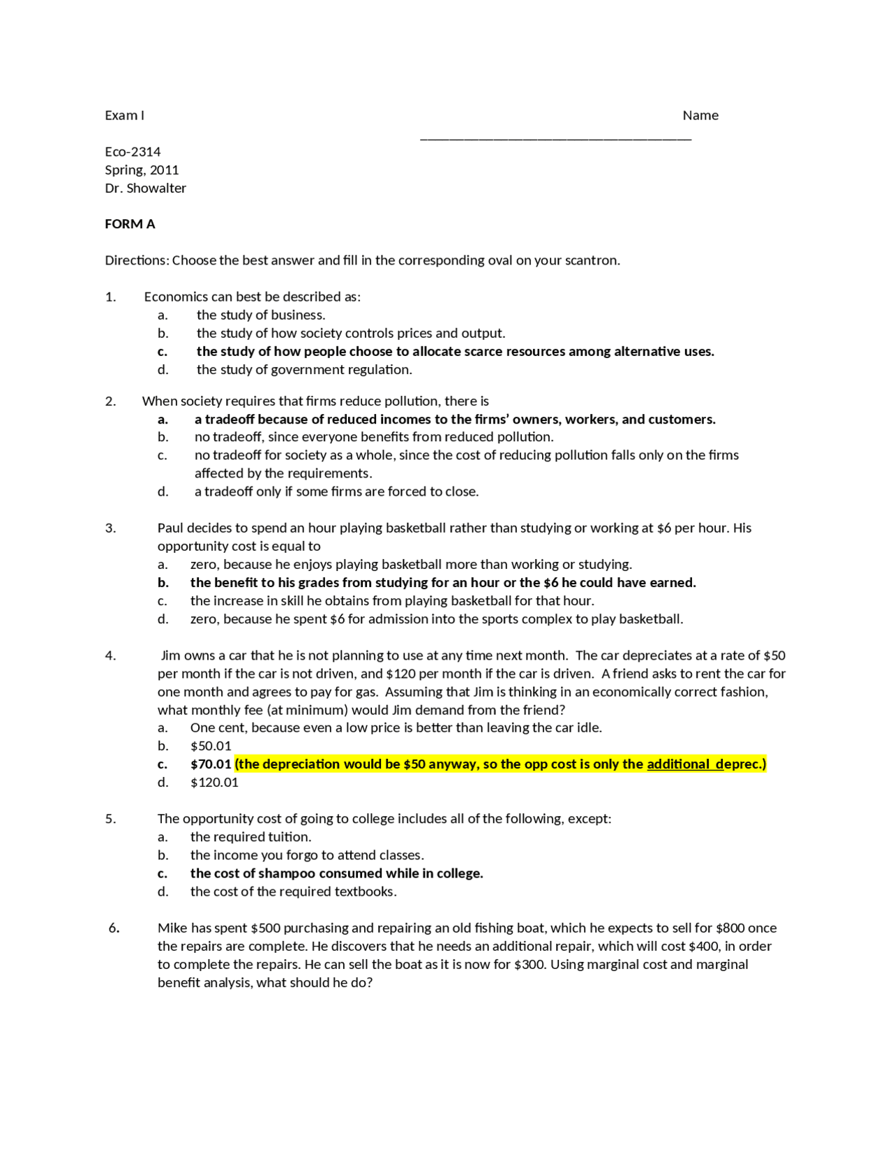 Exam 1 with Answers - Principles of Microeconomics | ECO 2314 - Docsity