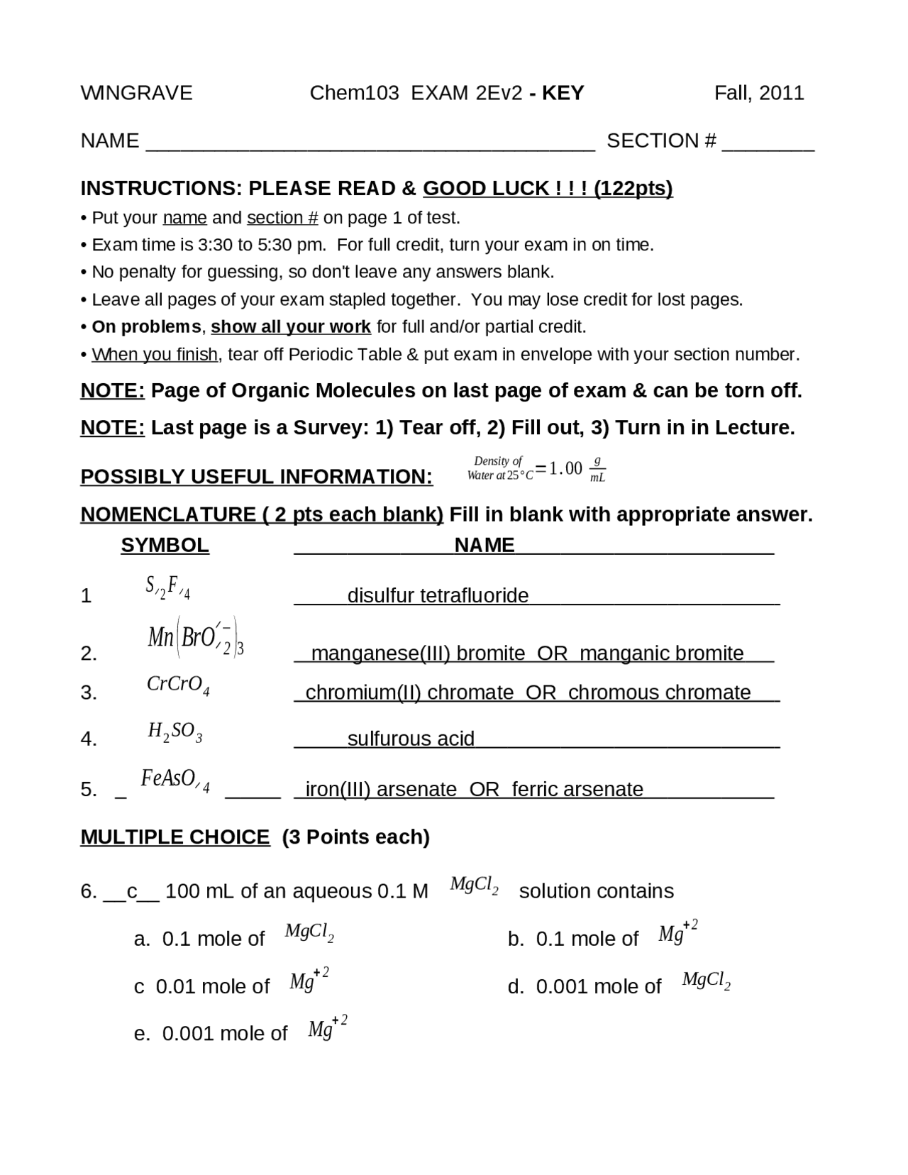 Exam 2E Version 2 with Answer Key | General Chemistry | CHEM 103 - Docsity