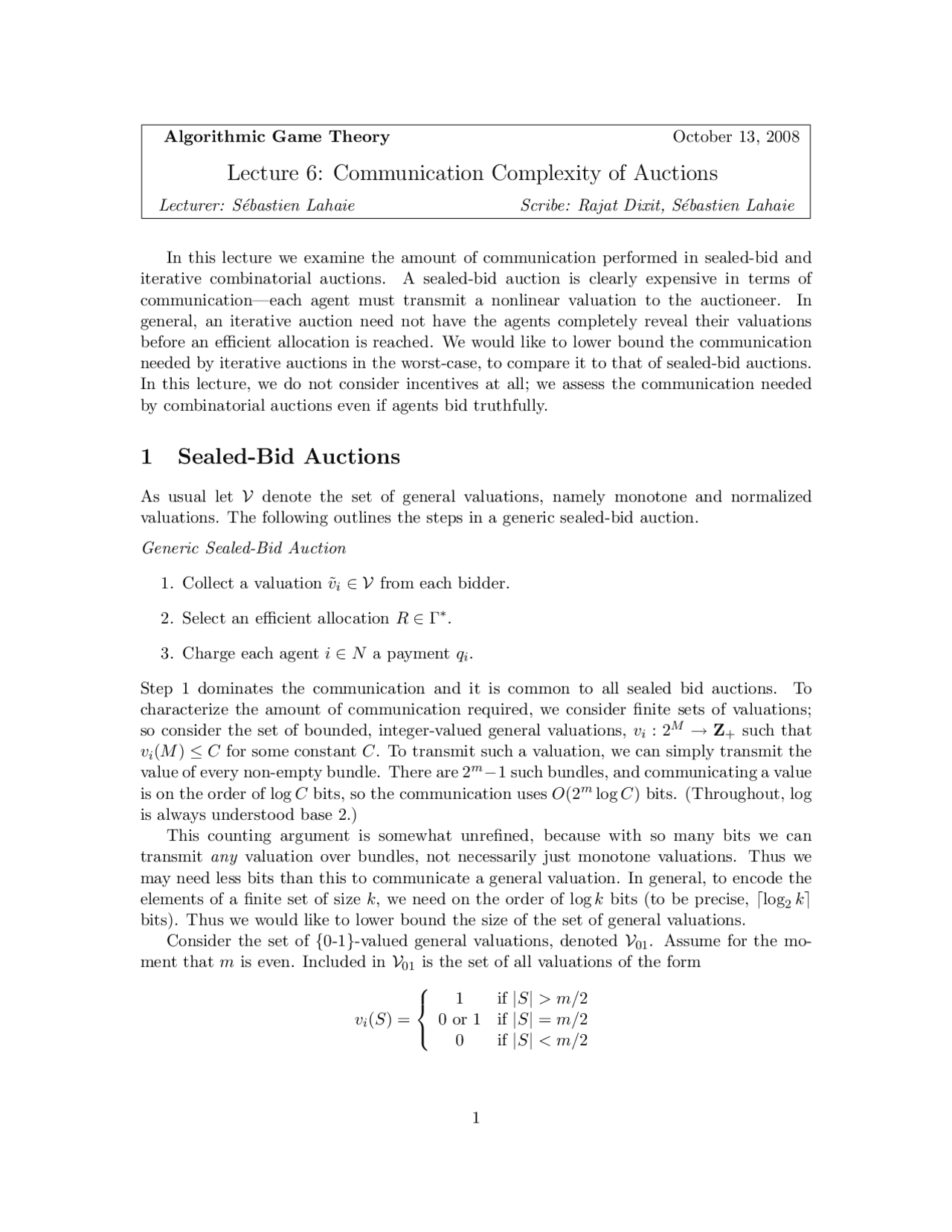 Communication Complexity of Auctions, Lecture Notes - Computer Science ...